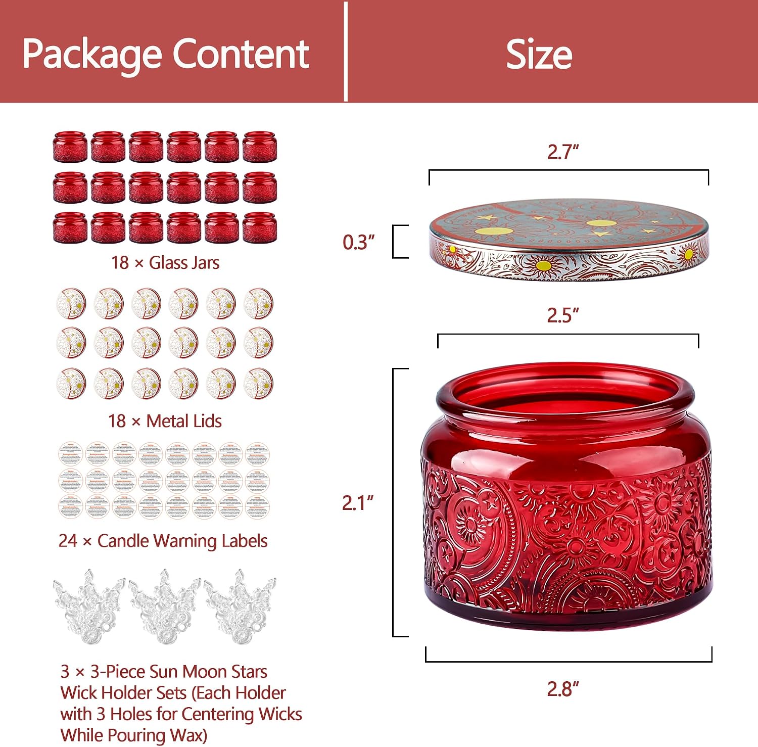 4 oz Red Sun Moon Stars Candle Jars with Metal Lids, 18 Pack | Patented Embossed Design, Includes Wick Centering Devices & Warning Labels, Multiple Color Options
