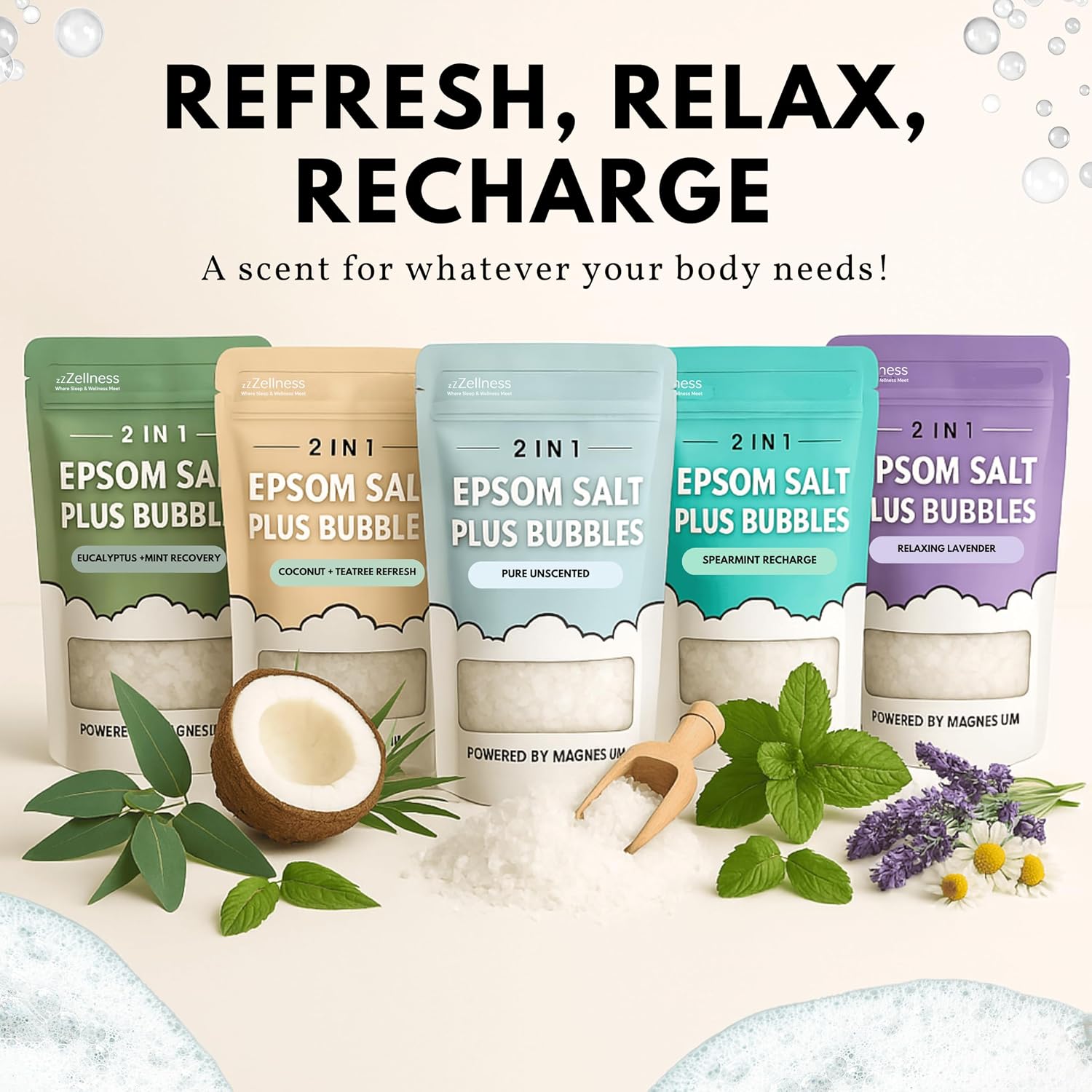 Epsom Salt Plus Bubbles – Coconut & Teatree Scented Foaming Bath Soak – Magnesium Sulfate for Muscle Recovery, Stress Relief & Relaxation – Great for Aromatherapy – 12 oz