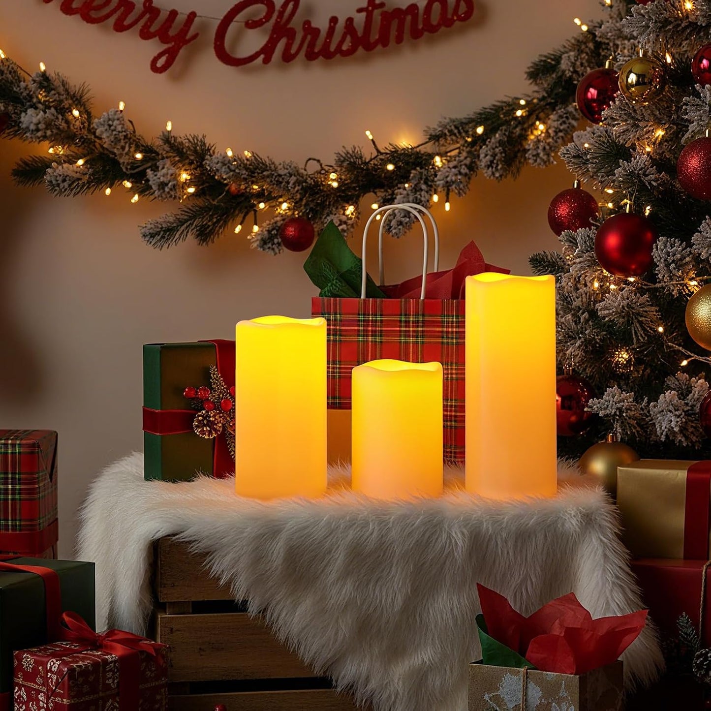 Amagic 3 Pack 4"x 6"8" 10" Outdoor Plastic Electric flameless Candles with Remote Control and Timer, Battery Operated Flickering LED Pillar Fake Candle for Home, Wedding Decor, Ivory