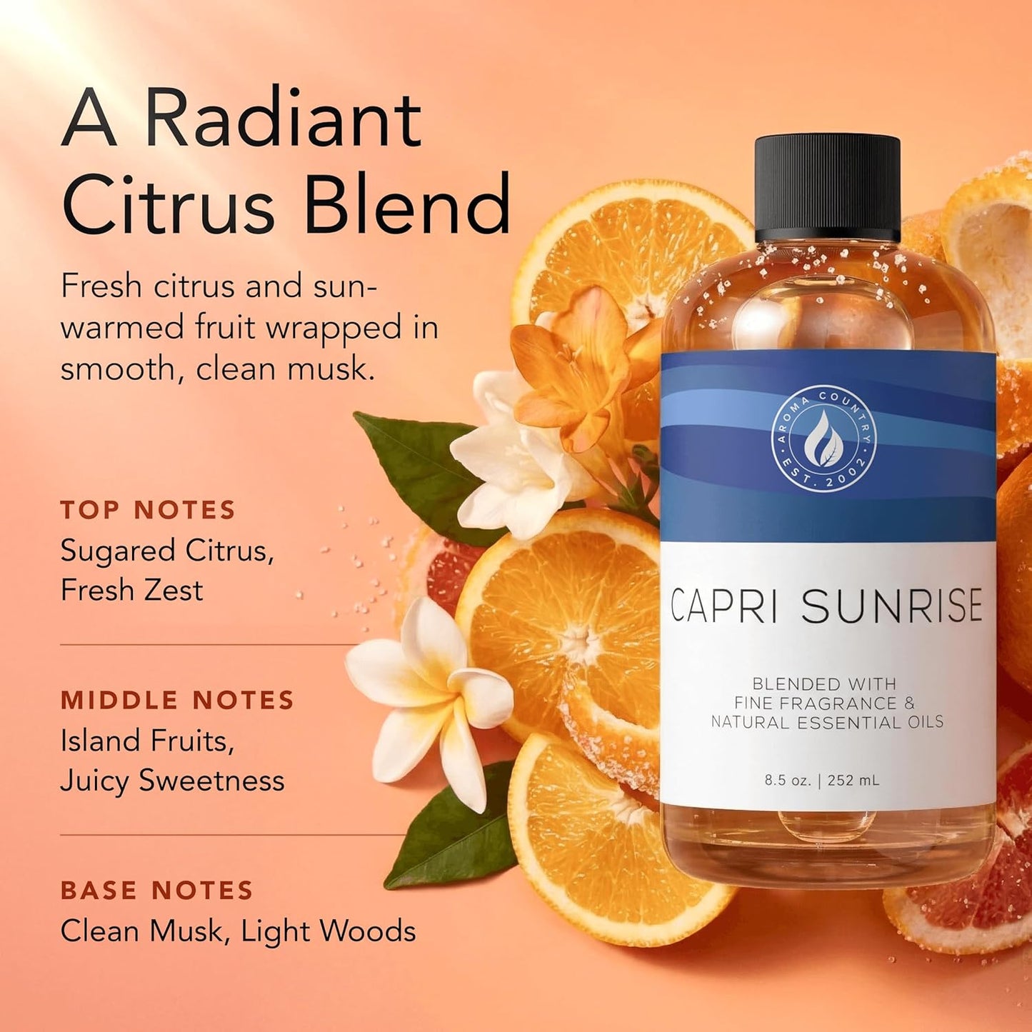 Aroma Country Capri Sunrise Diffuser Oil - Volcano Inspired - Luxury Essential Oils for Diffuser Refill & Air Freshener Room Spray, Long-Lasting, Natural Home Fragrance for Scent Machines (4 Fl oz)
