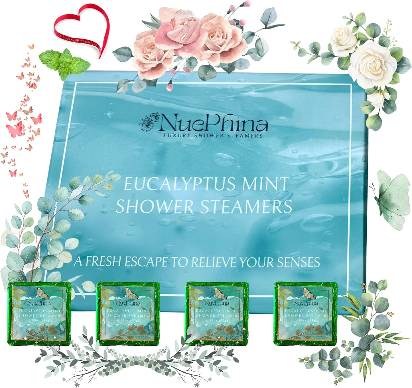 Luxury Eucalyptus and Mint Shower Steamers, 100% Natural Ingredients with Pure Essential Oils. These Steamers Will Create a Fresh Escape to Relieve Your Senses. A Premium Self-Care Gift for Women