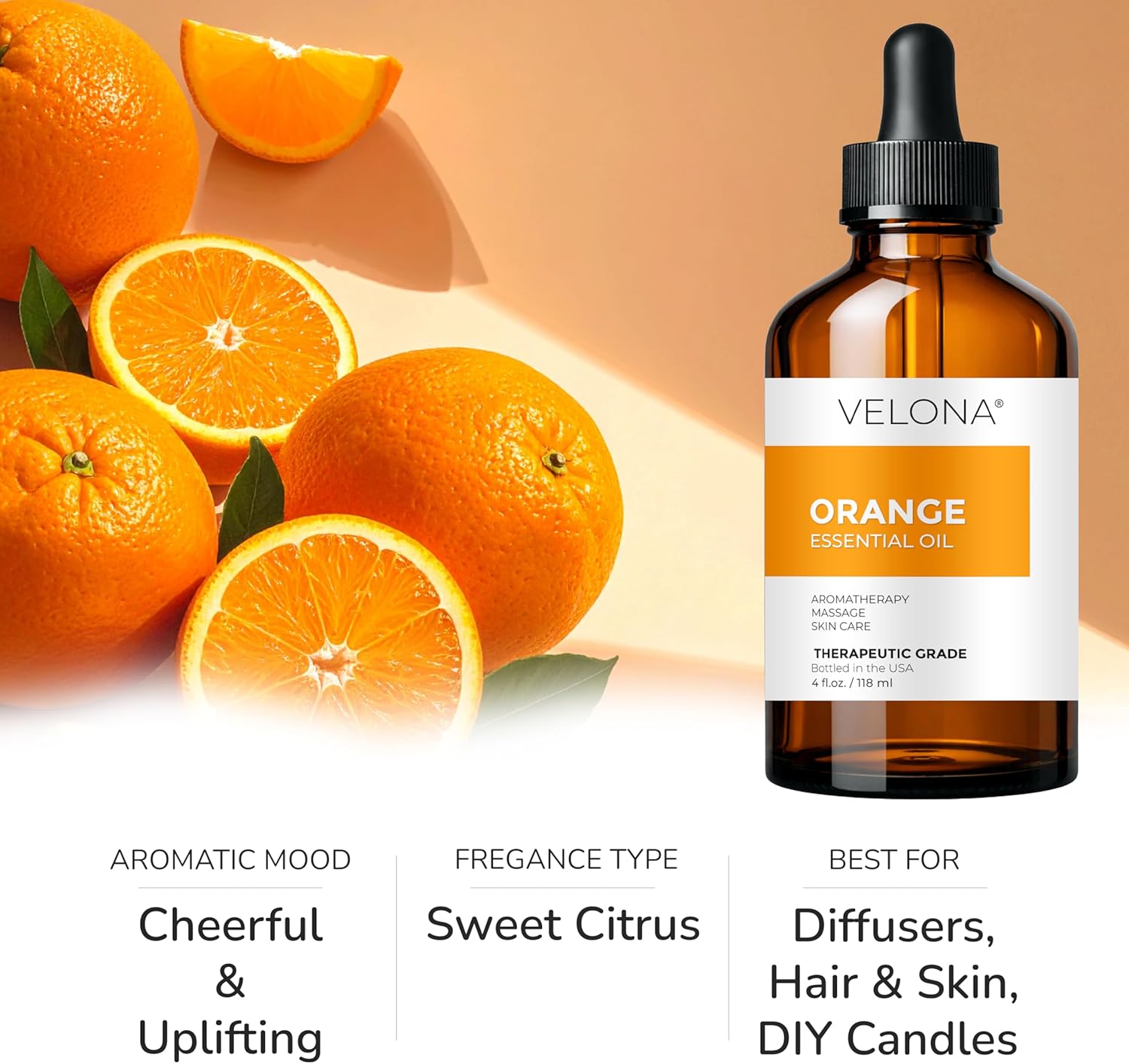 Orange Essential Oil by Velona - 2 Fl Oz | Therapeutic Grade | for Aromatherapy Diffuser, Massage, Skincare, Haircare, Soapmaking | Undiluted