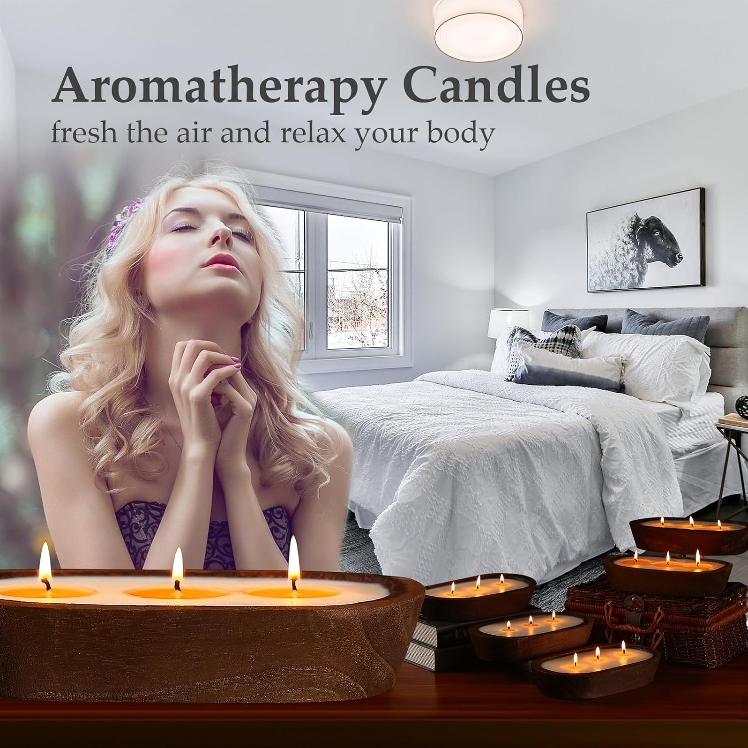 Scented Candles for Home, YeeQue Citronella Candles with Large Wooden Bowl Design for Women,Girl Birthday Gift 3 Wicks, 12oz