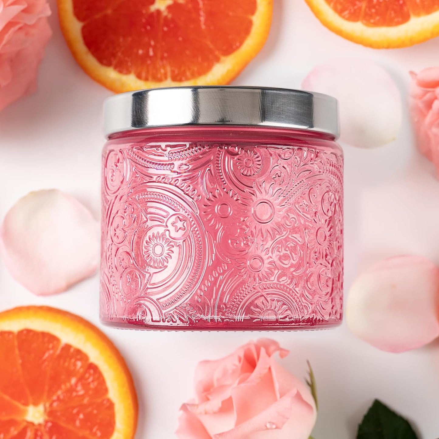 10 oz Pink Sun Moon Stars Candle Jars with Metal Lids, 9 Pack | Patented Embossed Design, Includes Wick Centering Devices & Warning Labels, Multiple Color Options