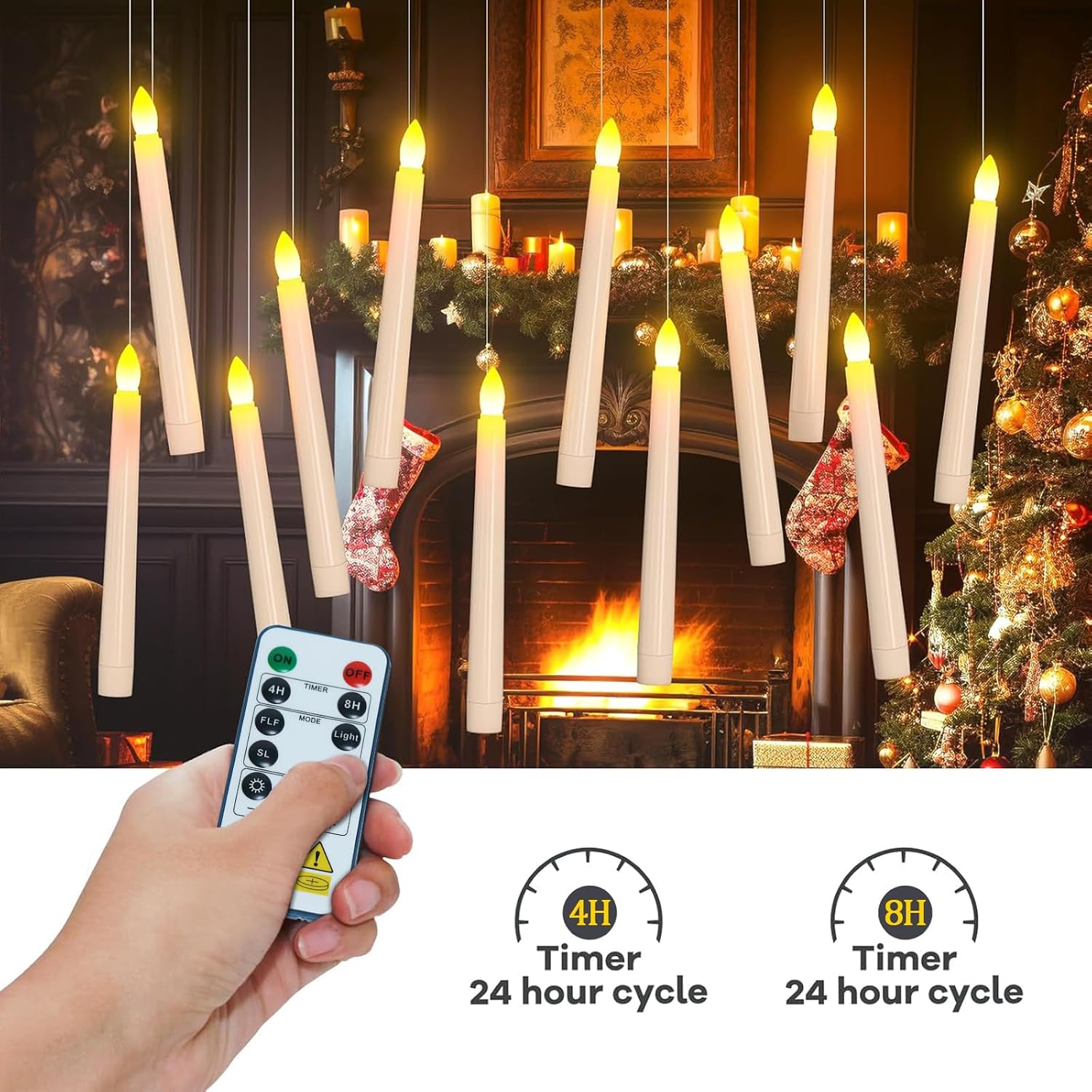 PChero Flameless Candles with Remote Timer, 7.9" Ivory Battery Operated LED Taper Dripless Floating Flickering Candles for Wedding Halloween Thanksgiving Christmas Themed Party Valentines Decorations