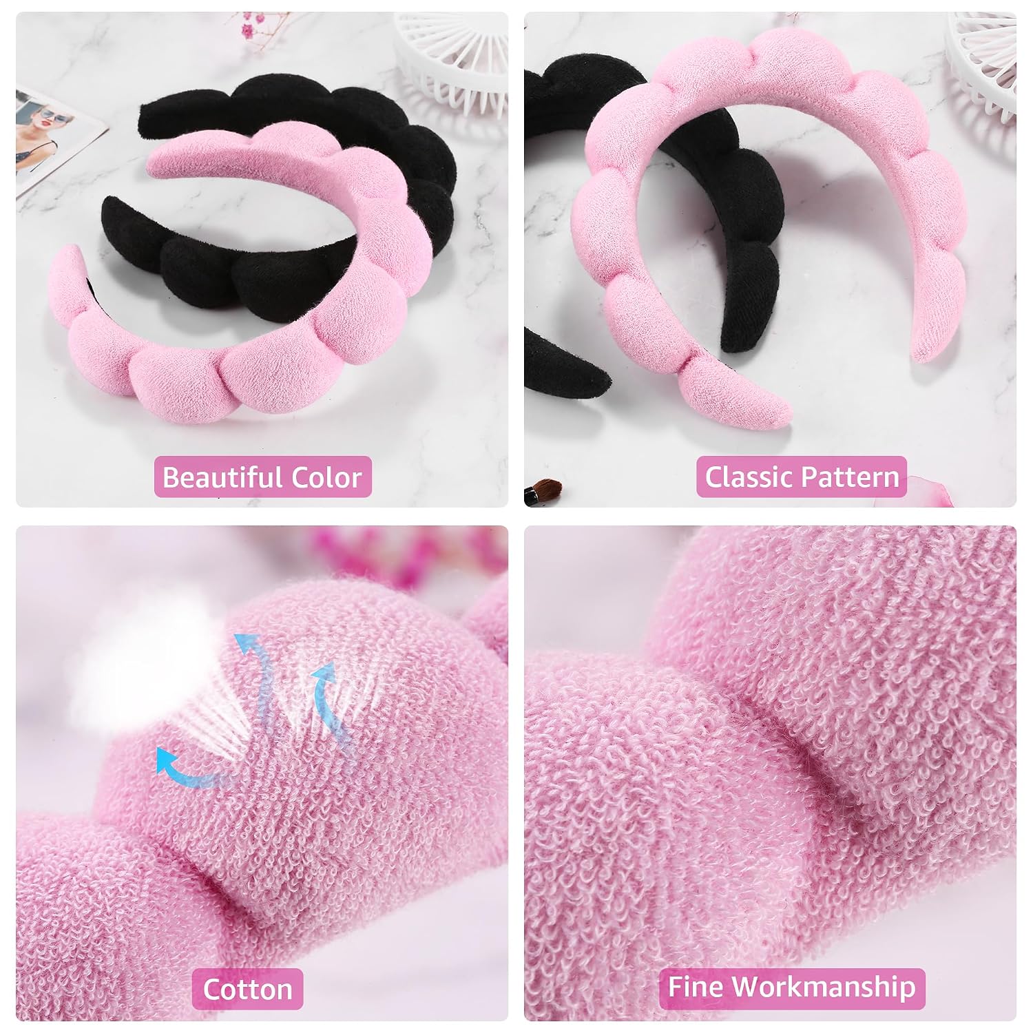 Ztomine Spa Headbands for Washing Face or Facial, Set of 2 Skincare Headbands, Terry Cloth Headband Wash Combo Pack - Puffy Makeup Washing, Mask, Skin Treatment (Black & Pink)