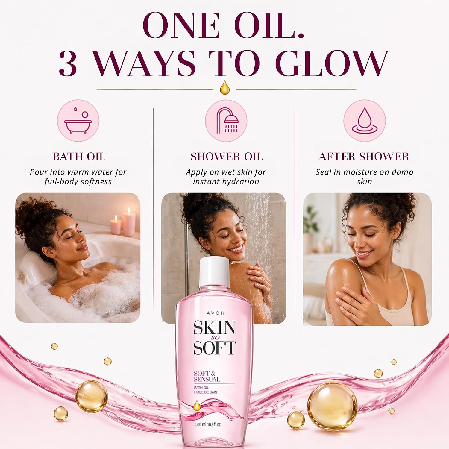 AVON Skin So Soft Soft & Sensual Bath Oil with Argan— Moisturizing Shower Oil for Dry Skin — Hydrating in & After-Shower Care for Women & Men —Non Greasy, Scented Bath and Body Essential, 16.9 fl oz
