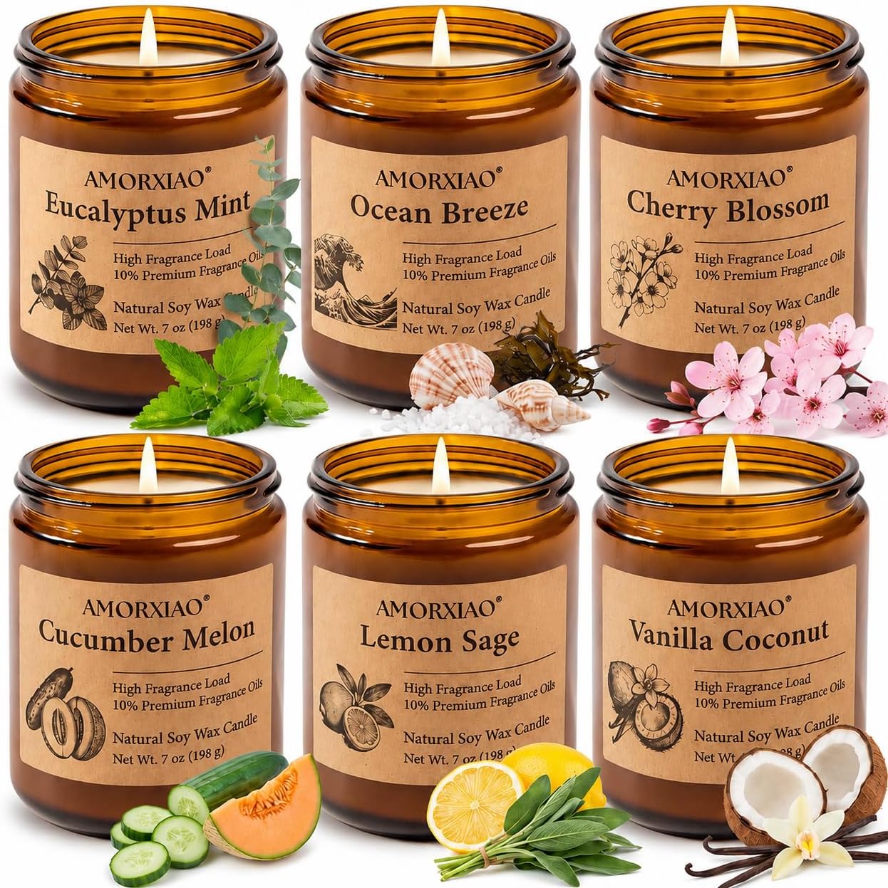 6 Pack Scented Candles for Home Scented: Soy Candles for Women Men, 42oz 300H Burning Aromatherapy Candle Set, Jar Candle Gift Set for Birthday, Scents of Eucalyptus/Sage/Cherry/Ocean/Melon/Vanilla