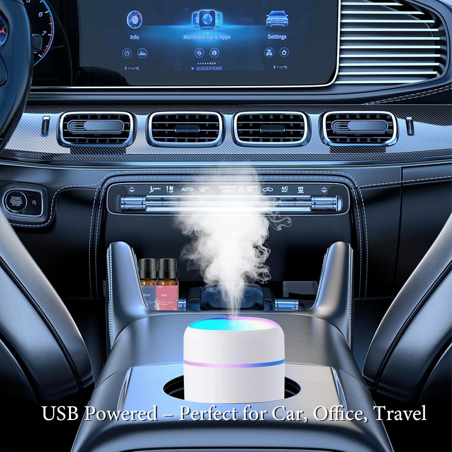USB Essential Oil Diffuser with 6 Oils, Portable Ultrasonic Aromatherapy Diffuser for Home & Car, Cool Mist, 7-Color LED Night Light, Auto Shut-Off, One-Button Control,3 Colors (White)