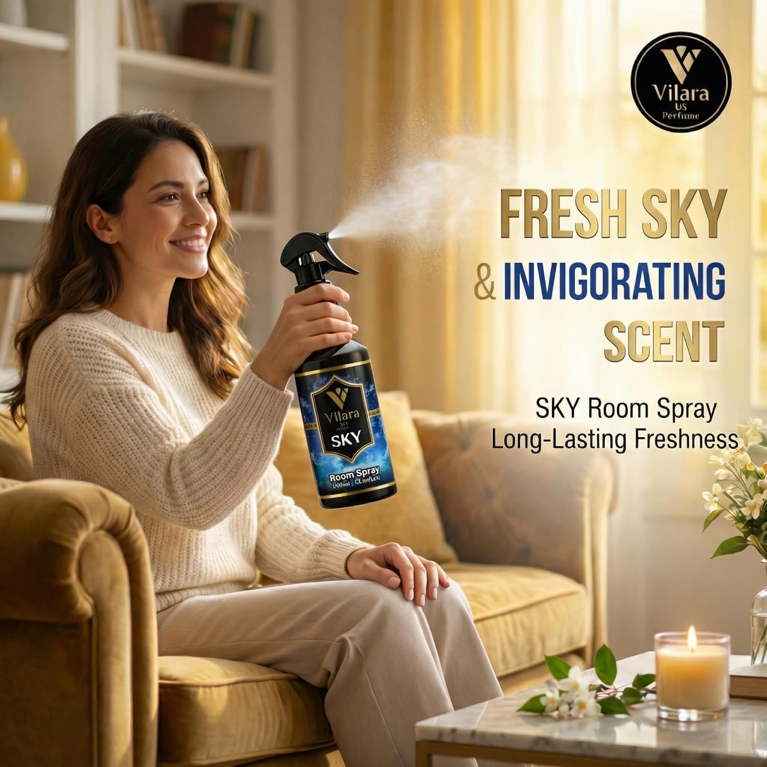 Room Spray Air Freshener –Odor Eliminator Spray for Home, Bathroom & Office – Long Lasting Floral Mist Deodorizer, Non-Toxic Natural Air Spray for Bedding 300ml (3 Sky)