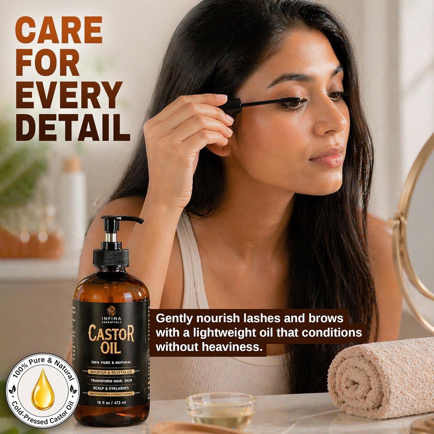 INFINA ESSENTIALS Pure Cold Pressed Castor Oil - Hexane Free, Glass Bottle for Hair Growth, Face, Scalp, Skin & Eyelashes - Nourishing and Moisturizing - 16 fl oz