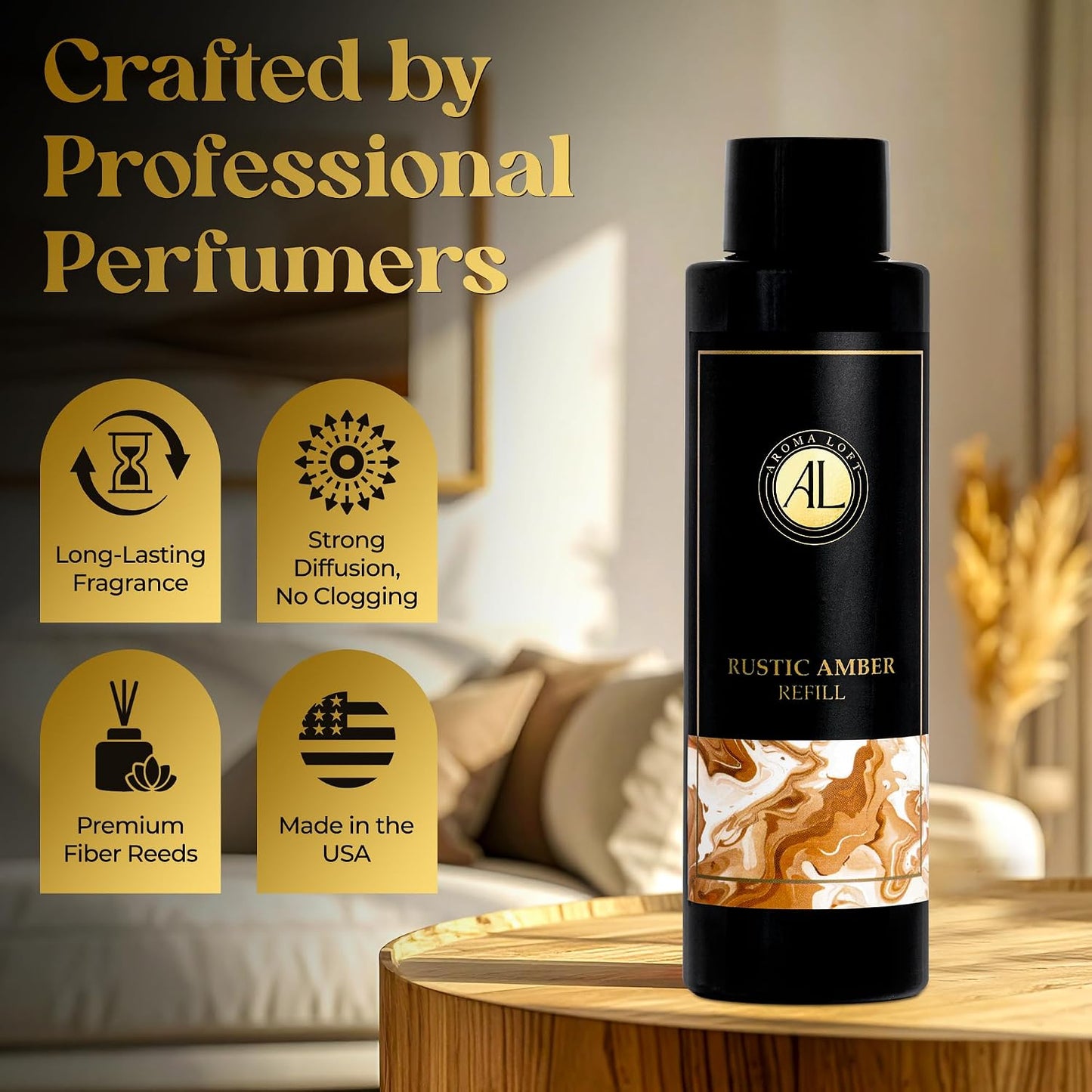 Rustic Amber Reed Diffuser Oil Refill for Home | Premium 4oz Amber Essential Oil for Reed Diffuser Refill | Long Lasting Fragrance | Ideal for Living Room, Bathroom & Office