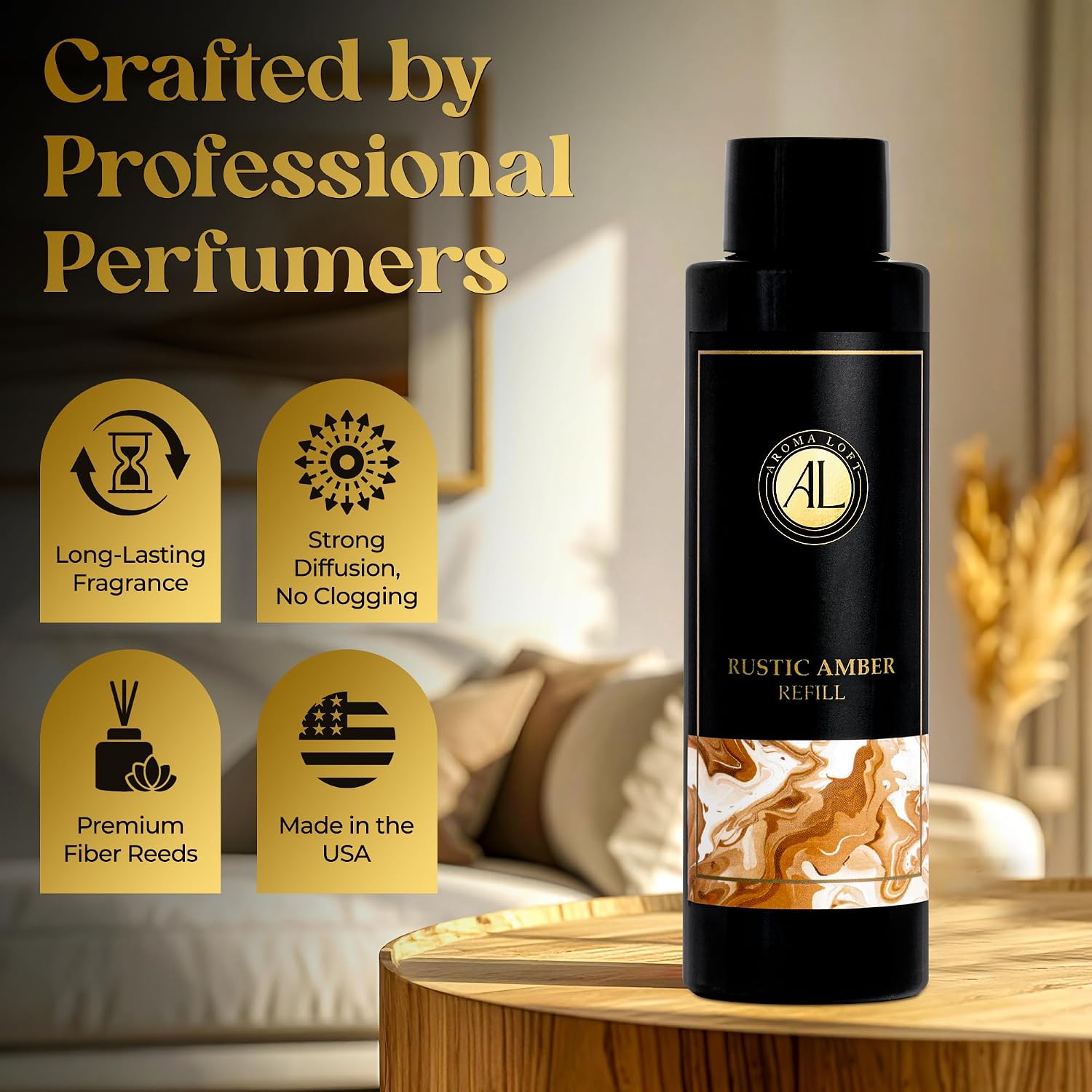Rustic Amber Reed Diffuser Oil Refill for Home | Premium 4oz Amber Essential Oil for Reed Diffuser Refill | Long Lasting Fragrance | Ideal for Living Room, Bathroom & Office