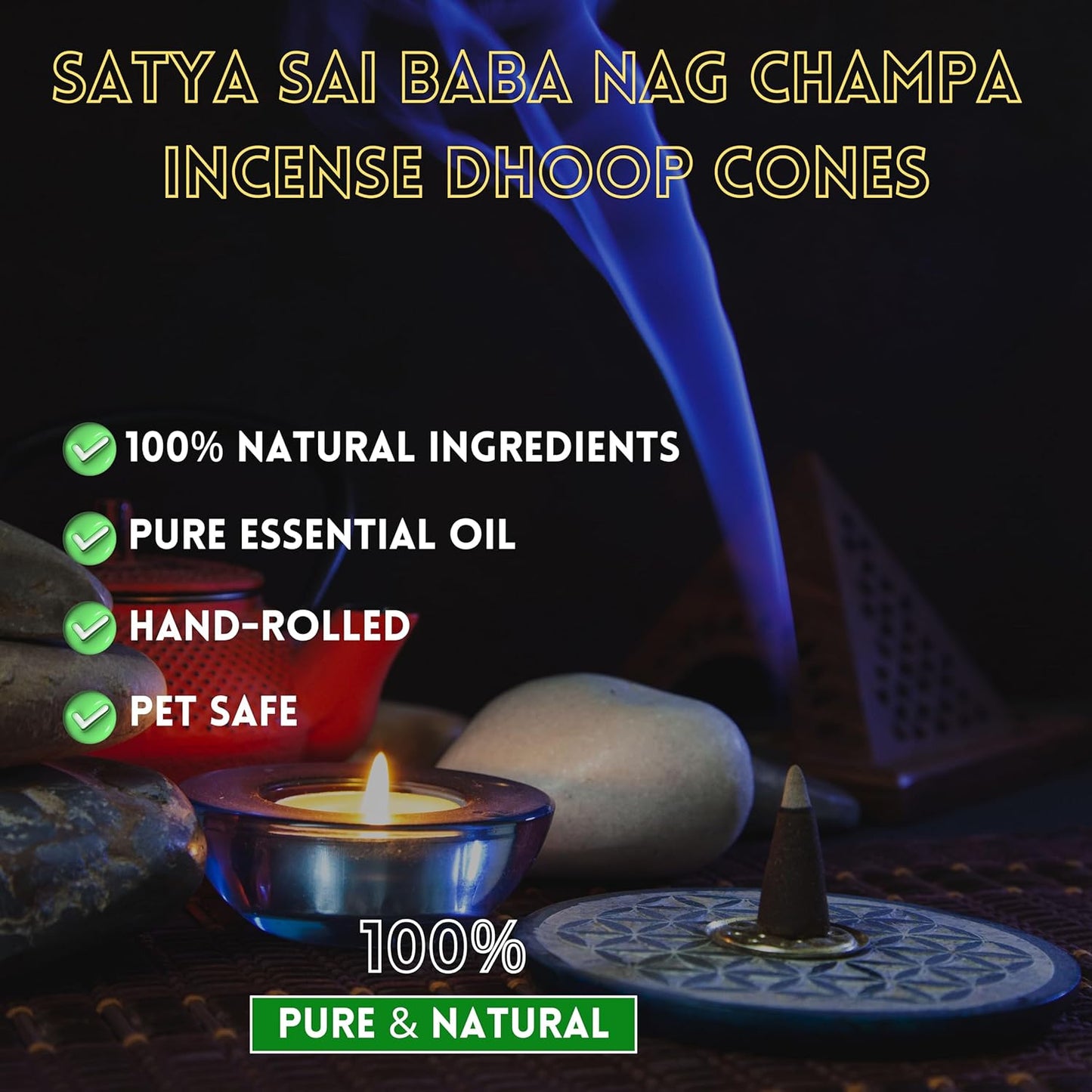 Satya Sai Baba Nag Champa Incense Dhoop Cones for Meditation, Yoga and Stress Relief - 12 Pack, 144 Cones with Natural Fragrance