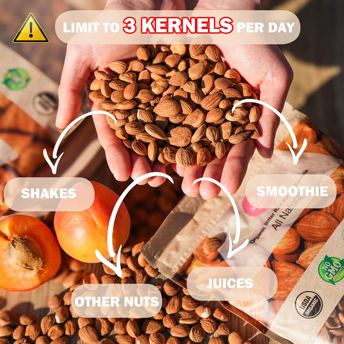 Mighty Apricot USDA Organic Bitter Apricot Kernels(1LB) 16oz, Natural Raw Bitter Apricot Seeds, Vegan, Non-GMO, Gluten Free, Great source of Vitamin B17 and B15, Maximum 3 Kernels/day