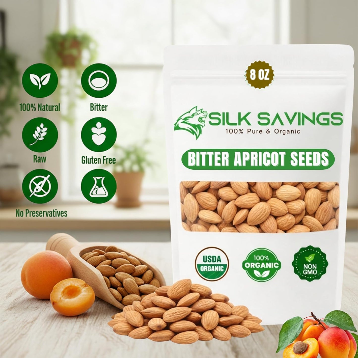 Bitter Apricot Organic Premium Apricot Kernels 8oz, Organic Bitter Apricot Seeds, Bitter Kernels in Resealable Bag, dried apricots, Maximum 3 Kernels/day
