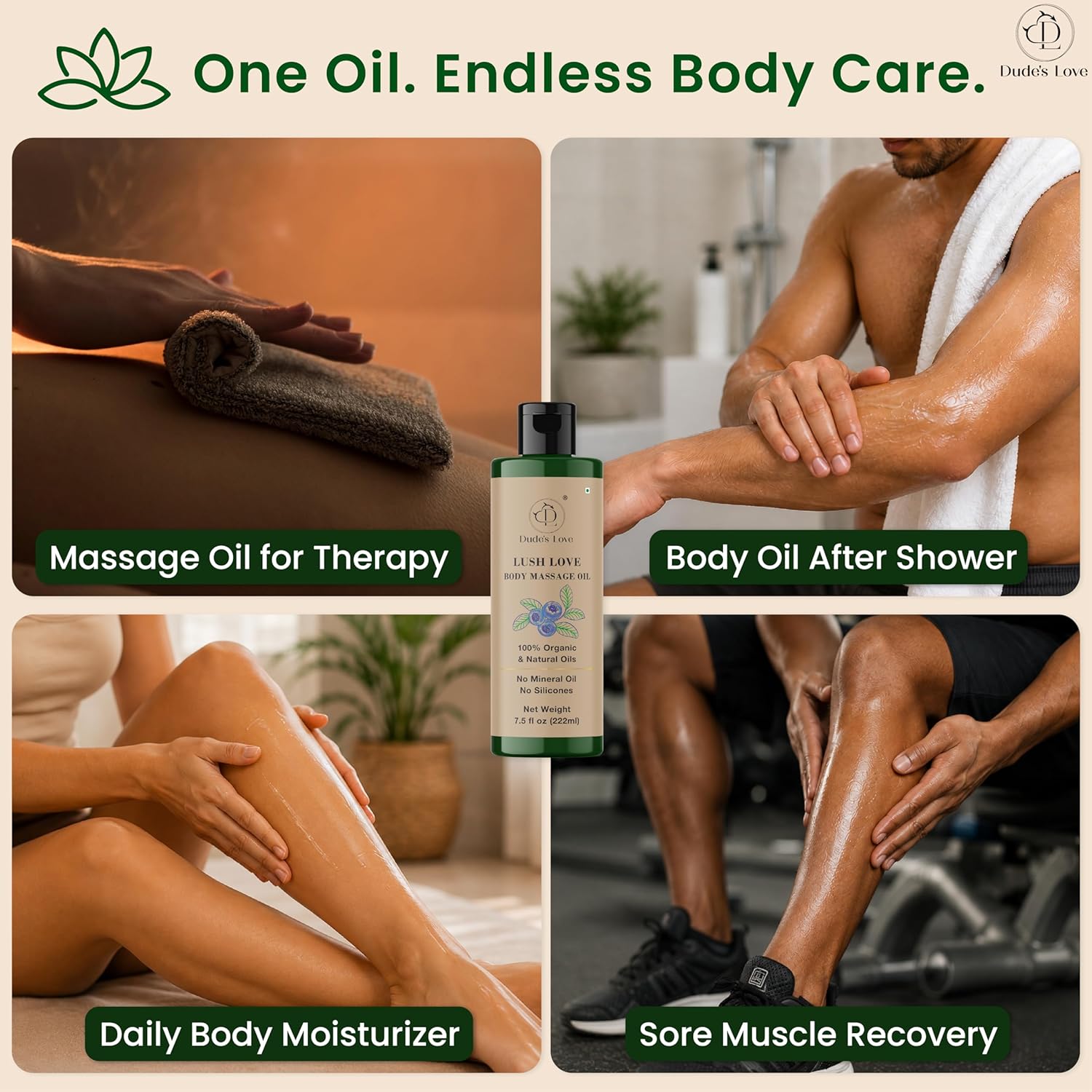 Lush Love Massage Oil | Lime & Juniper Berry Essential Oils | 100% Natural & Organic | No Mineral Oil, No Silicones | Non-Greasy Body Oil | Massage, MOISTURISE, Recover | 7.5 fl oz (222ml)