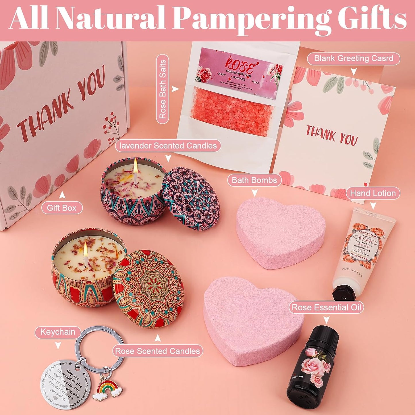 9-Piece Rose Bath & Spa Pamper Set, Relaxation Gift Box for Women, Unique Thank You, Appreciation & Birthday Gifts for Mom, Friend, Sister, Teacher(Pink-Thank You)