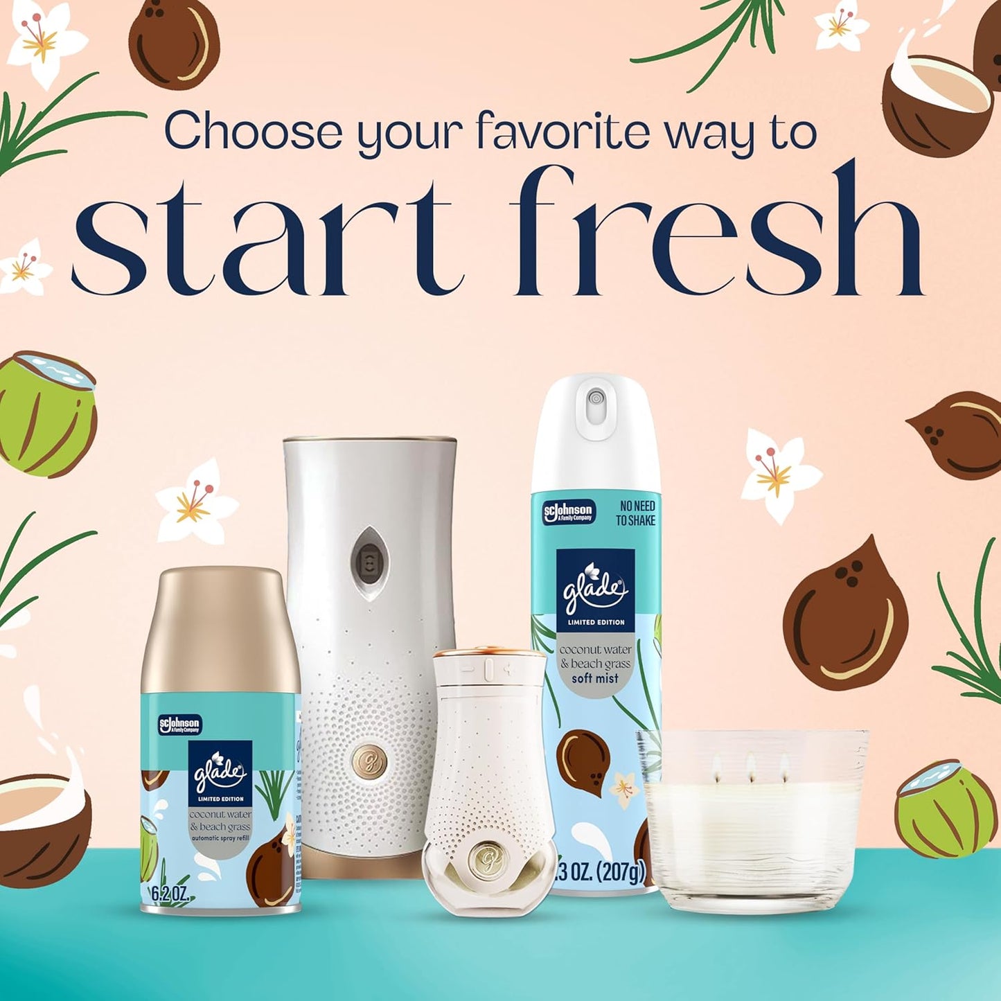 Glade Automatic Spray Refill, Coconut Water & Beach Grass, Scented Air Freshener for Home and Bathroom, 6.2 Oz, 2 Count
