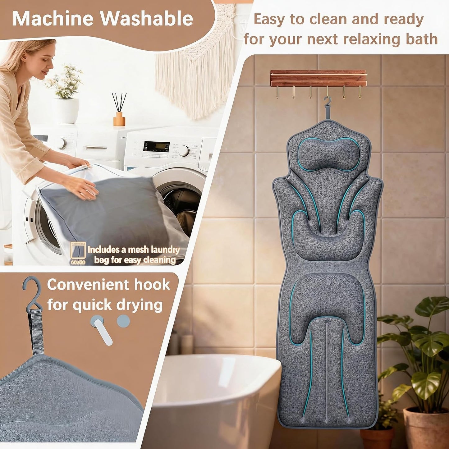 Luxury Full Body Bath Pillow for Bathtub, Extra Long & Wide 3.7" Ultra-Thick Ergonomic Spa Cushion, 5D Air Mesh Tub Pillow with 114 Suction Cups, Washable with Laundry Bag & Hook, 59 x 20 in