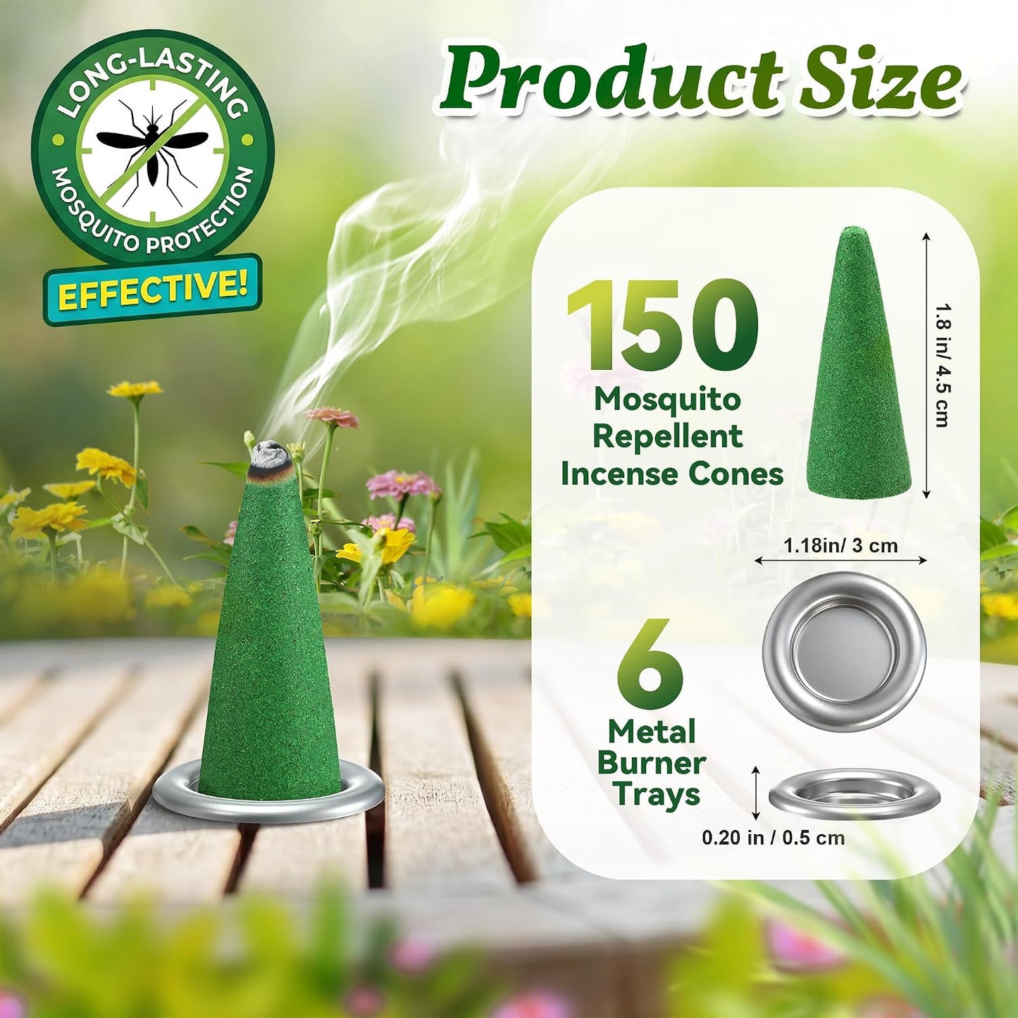 150 Pcs Mosquito Repellent Incense Cones with 6 Metal Dishes, Natural Citronella Incense Cone for Outdoor & Indoor, Suitable for Camping, Hiking, Patio, Poolside, Living Room