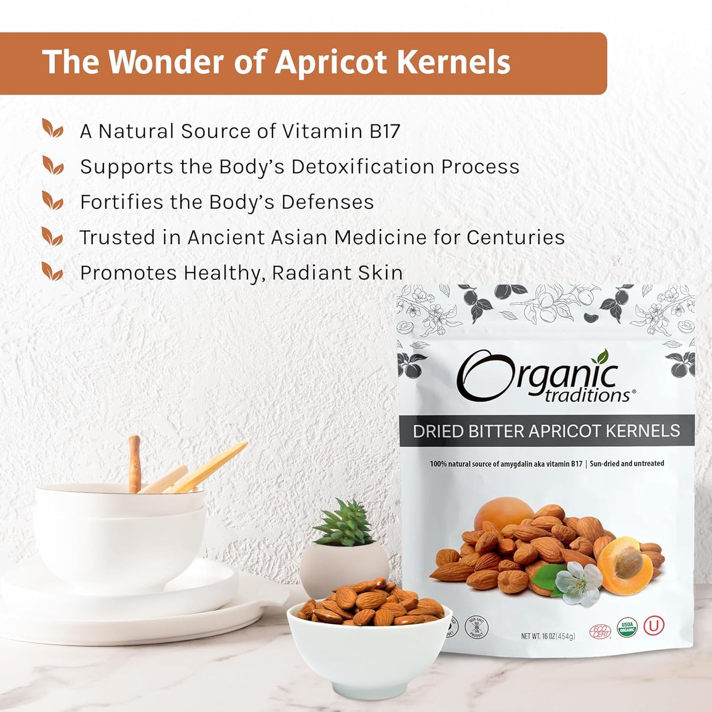 Organic Traditions Apricot Kernels, Organic Apricot Seeds, Sundried Sweet and Bitter Taste, Vegan, Source of Vitamin B17, Non GMO, Whole Foods Delivery, Plant Based for Snacking and Blending, 16 oz