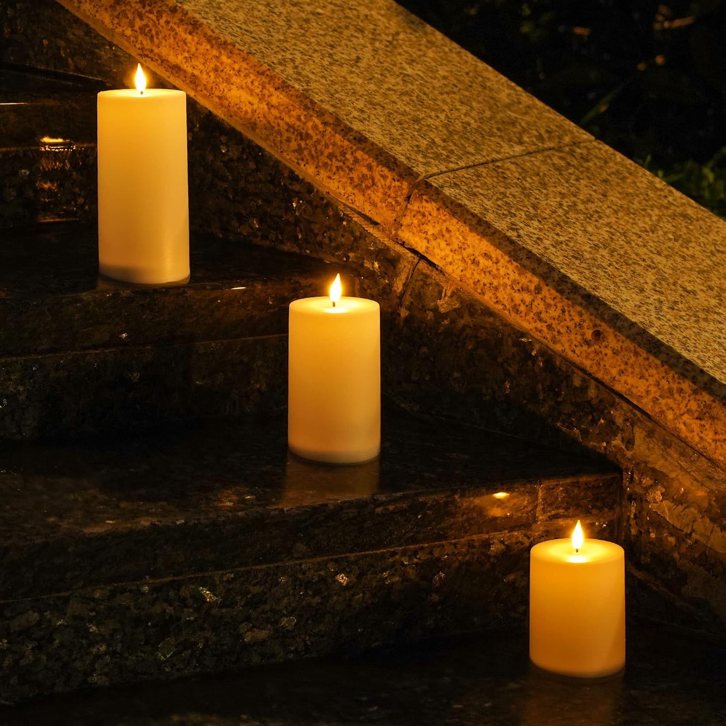 VIODAIM Solar Candles Outdoor Waterproof: Flameless Flickering Pillar LED Candles Set of 3 Dusk to Dawn Rechargeable Sensor Lights 3x4/5/6 Inch White