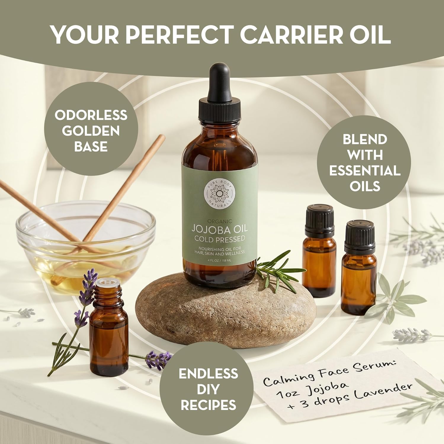 Pure Body Naturals Organic Jojoba Oil, 4 Fl Oz - 100% Pure, Organic, USA-Sourced, Cold Pressed Jojoba Oil for Skin, Face, Nails and Hair - Carrier Oil for Mixing Essential Oils