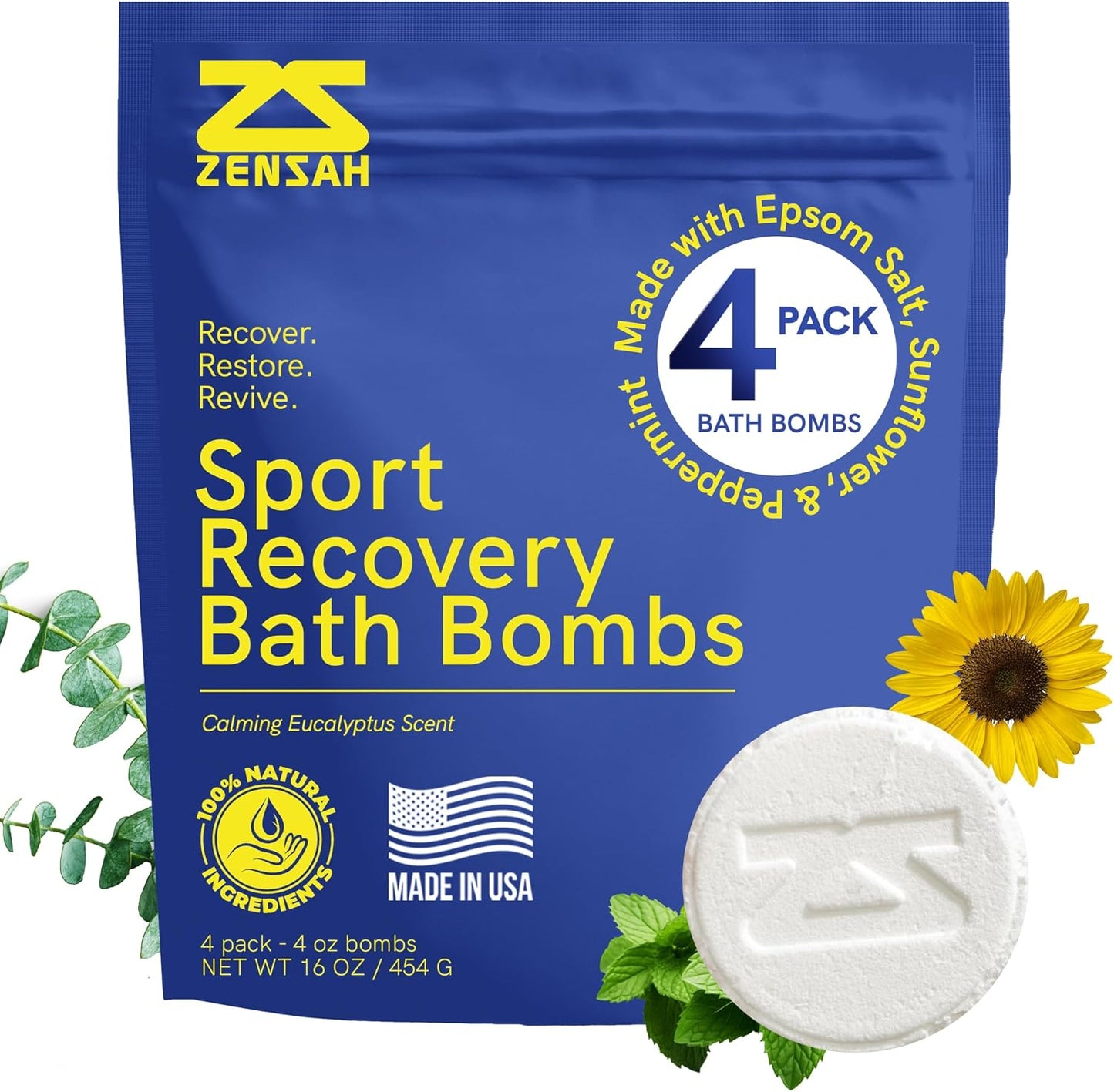 Zensah Sport Recovery Bath Bombs - Magnesium Epsom Salt for Soaking Sore Muscles, Birthday Gifts, Made in USA with Essential Oils, Peppermint and Eucalyptus Relaxation for Athletes