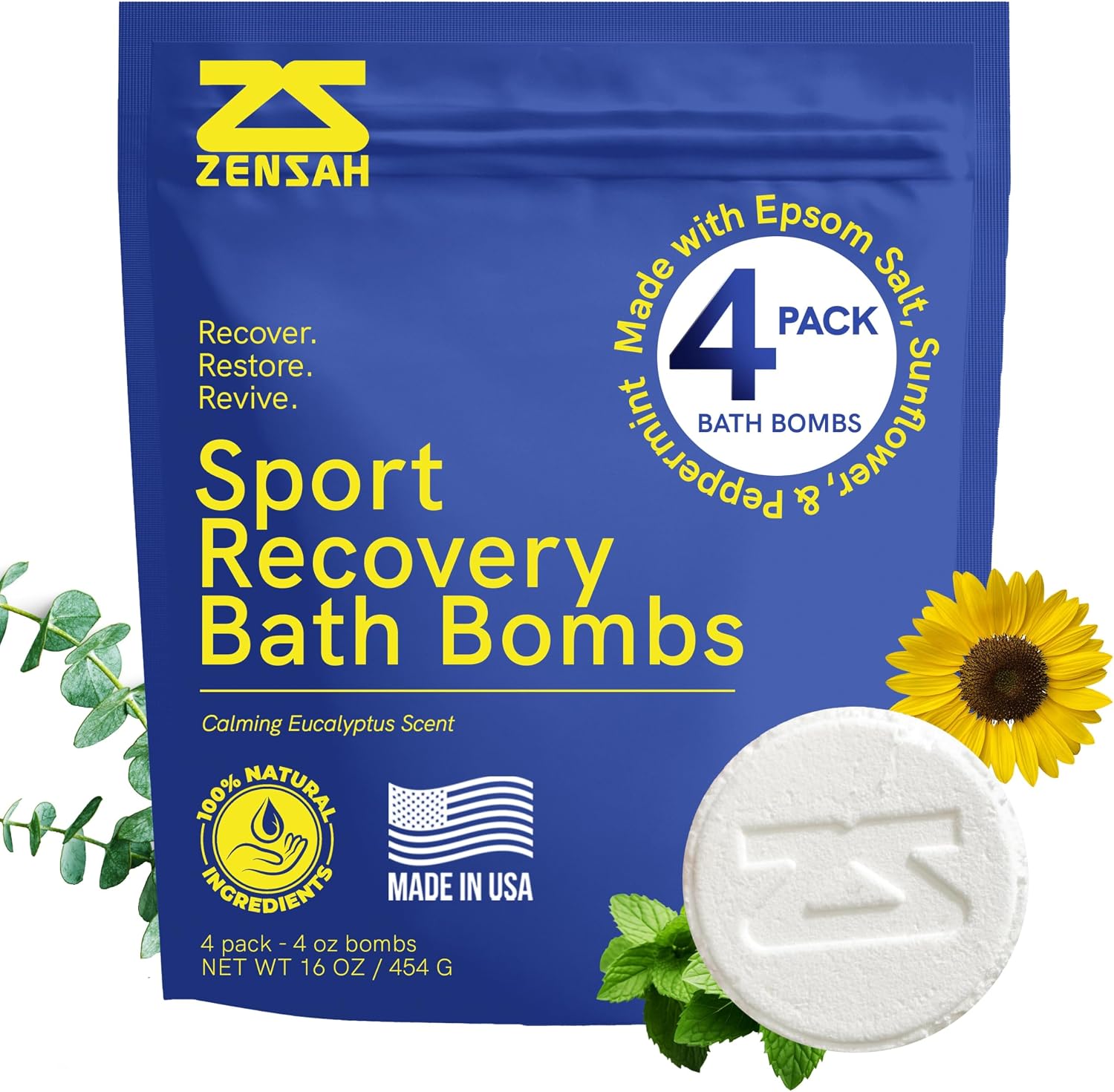 Zensah Sport Recovery Bath Bombs - Magnesium Epsom Salt for Soaking Sore Muscles, Birthday Gifts, Made in USA with Essential Oils, Peppermint and Eucalyptus Relaxation for Athletes
