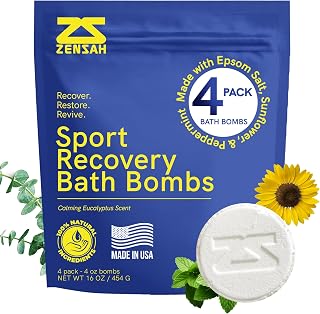 Zensah Sport Recovery Bath Bombs - Magnesium Epsom Salt for Soaking Sore Muscles, Birthday Gifts, Made in USA with Essential Oils, Peppermint and Eucalyptus Relaxation for Athletes