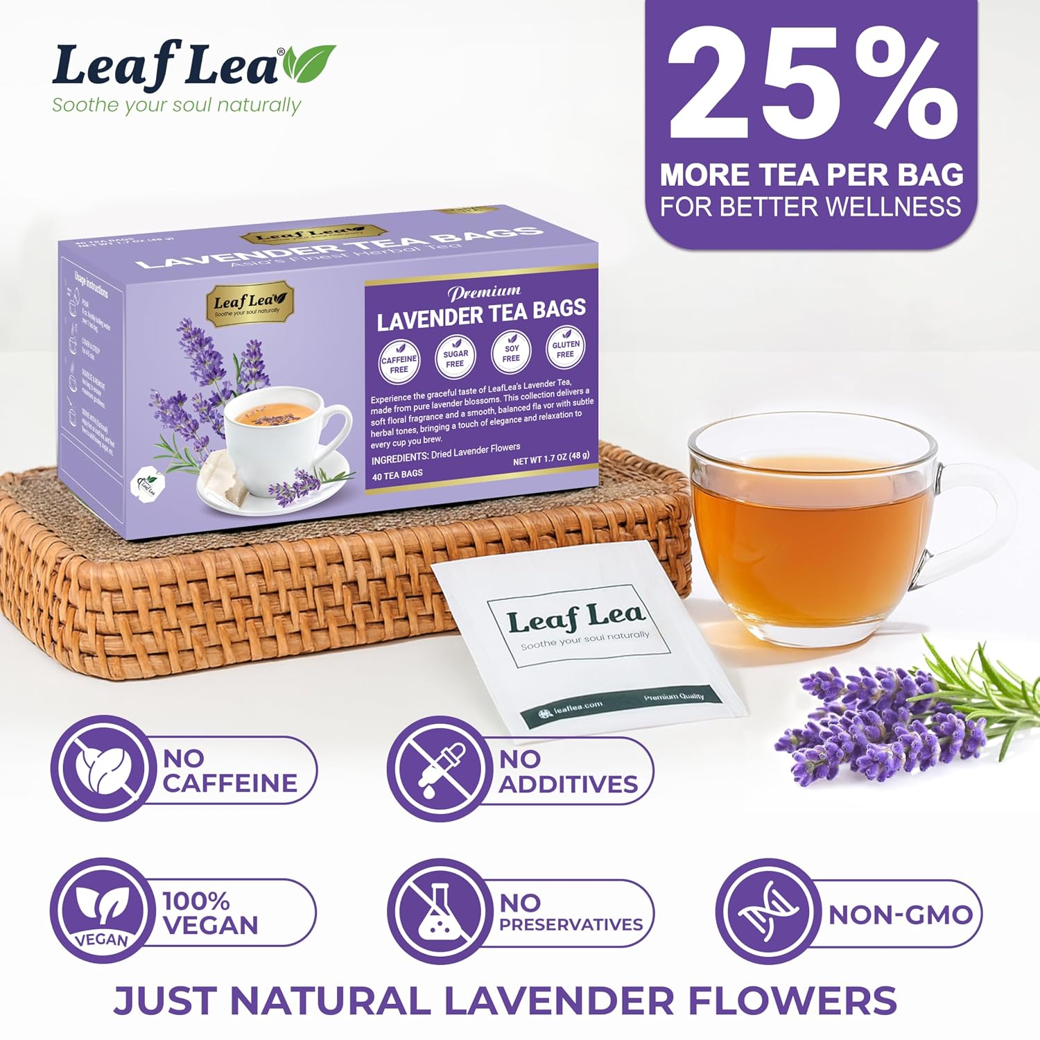 LeafLea Lavender Tea Bags, Pure Lavender Flower Herbal Tea, 40 Count | Just Real Lavender, Nothing Else, Soft Floral Aroma, Caffeine-Free, A Calming Cup Before Bed, Individually Foil-Wrapped