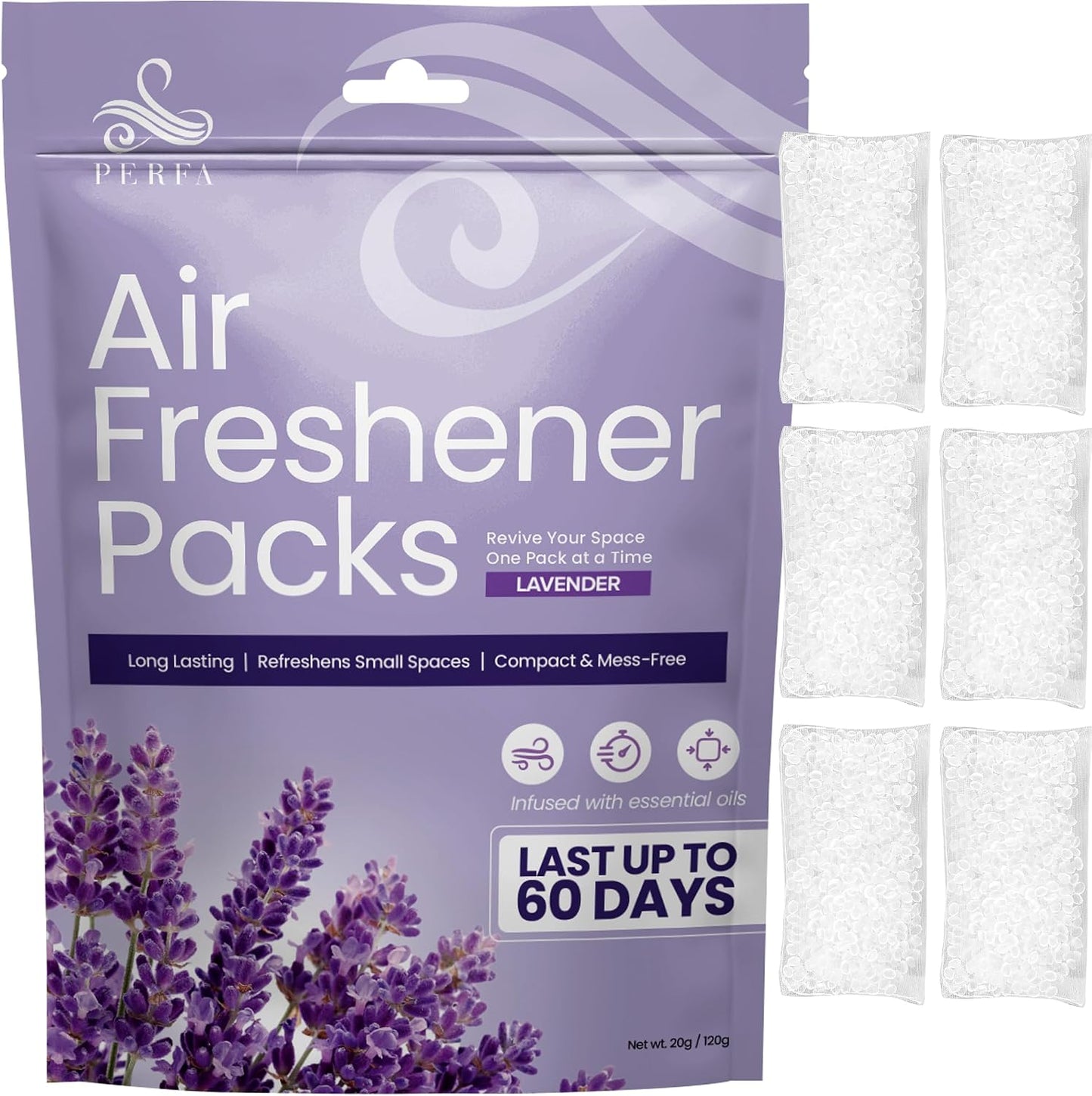 Lavender Odor Eliminator Pack of 6 | Long Lasting Odor Absorber for Home, Wardrobe, Shoes & Small Spaces | Scented Smell Absorber for Drawers, Trash Cans & Closet | Daily Use Lavender Packs by Perfa