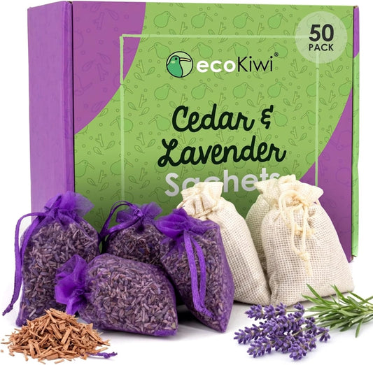 ecoKiwi Cedar and Lavender Sachets for Drawers and Closets - 50 Pack