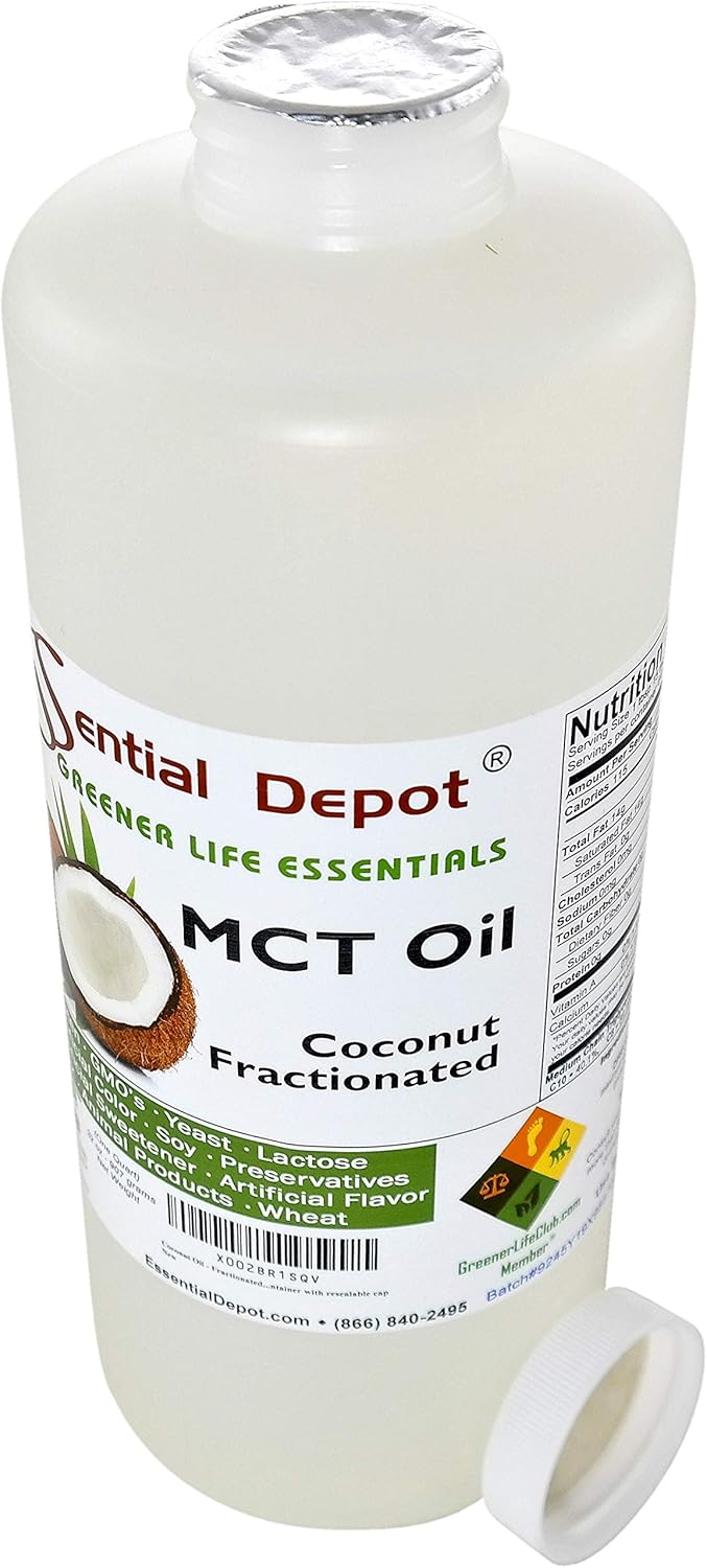 Coconut Oil - Fractionated - MCT (medium-chain triglycerides) - 1 Quart (32 oz) - liquid - Food Grade - Safety Sealed Resealable HDPE Container, Microwave Safe (remove foil seal), Freezer Safe