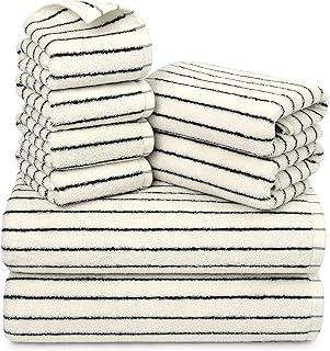 Jacquotha 8 Piece Black and Ivory Towel Set, Super Soft & Absorbent Cotton Striped Towels for Bathroom Decor, 2 Bath, 2 Hand, 4 Washcloths