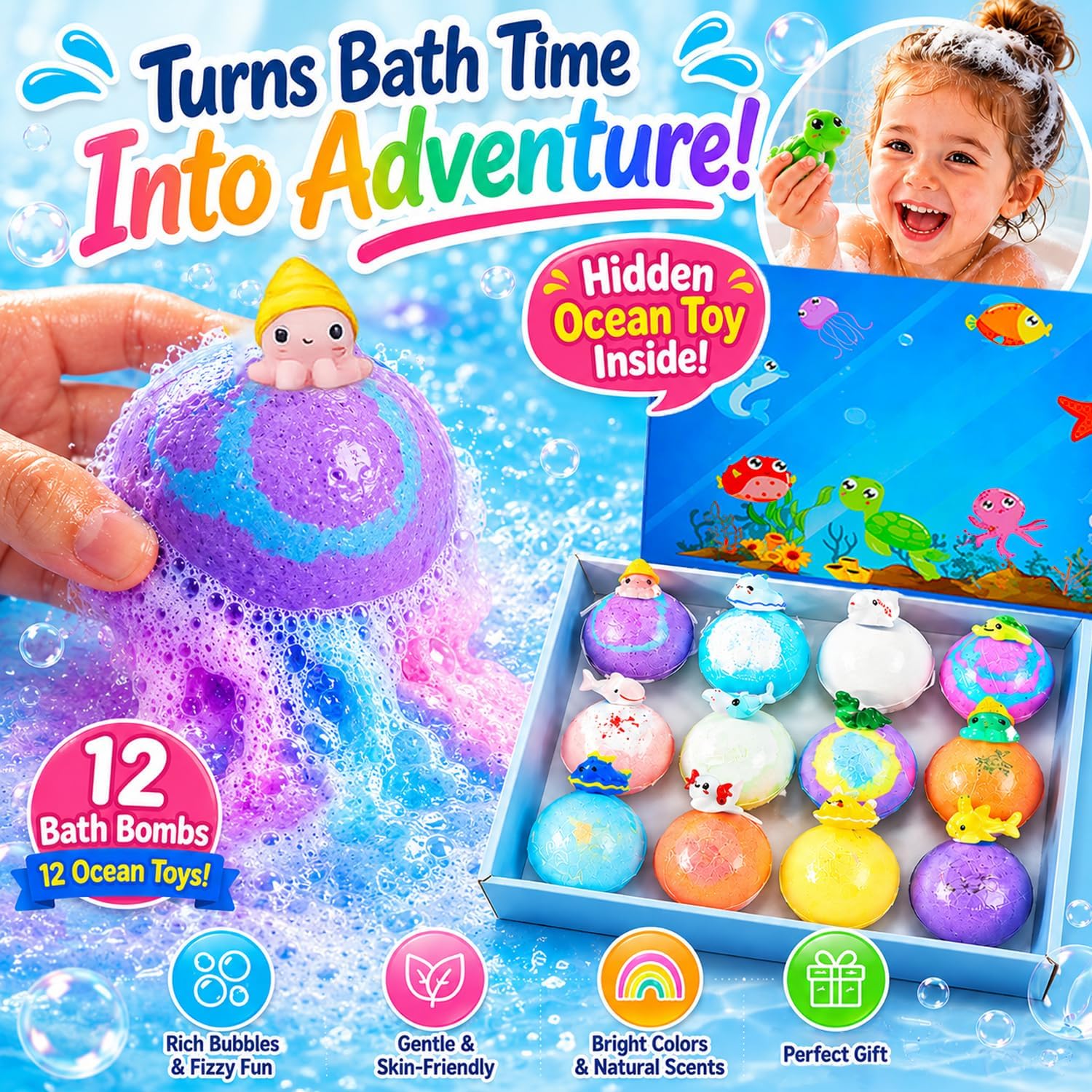 Bath Bombs Gift Set for Women, Colorful Bath Bombs with Surprise Inside, Ocean Theme Moisturizing Bath Fizzies, Relaxing Spa Self Care Gifts for Birthday, Christmas & Holidays (12 Pack)