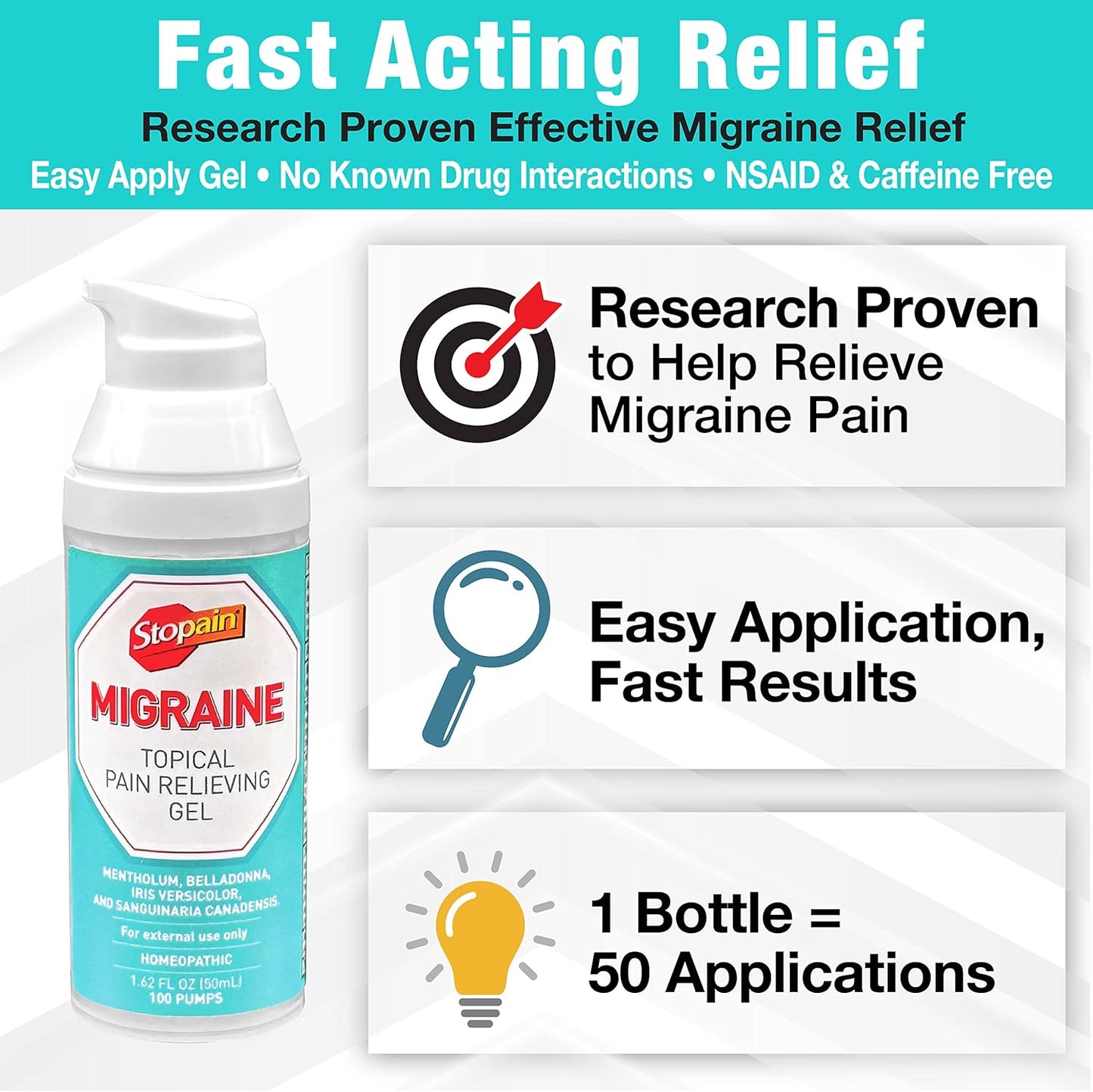Stopain Migraine Pain Relief Gel Pump, 1.62oz, USA Made, Max Strength Fast Acting Research Proven Topical Effective at Any Stage, No Known Side Effects or Drug Interactions, HSA FSA Approved Products