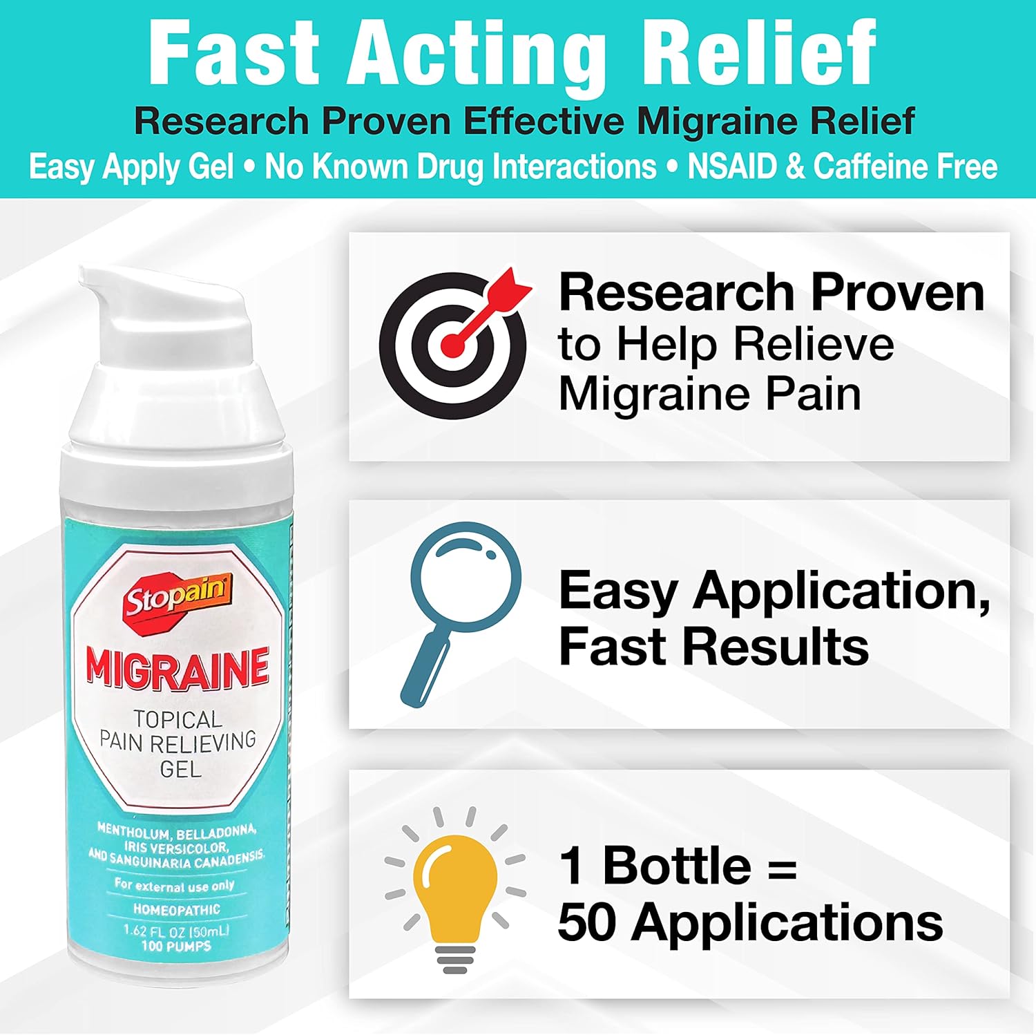 Stopain Migraine Pain Relief Gel Pump, 1.62oz, USA Made, Max Strength Fast Acting Research Proven Topical Effective at Any Stage, No Known Side Effects or Drug Interactions, HSA FSA Approved Products