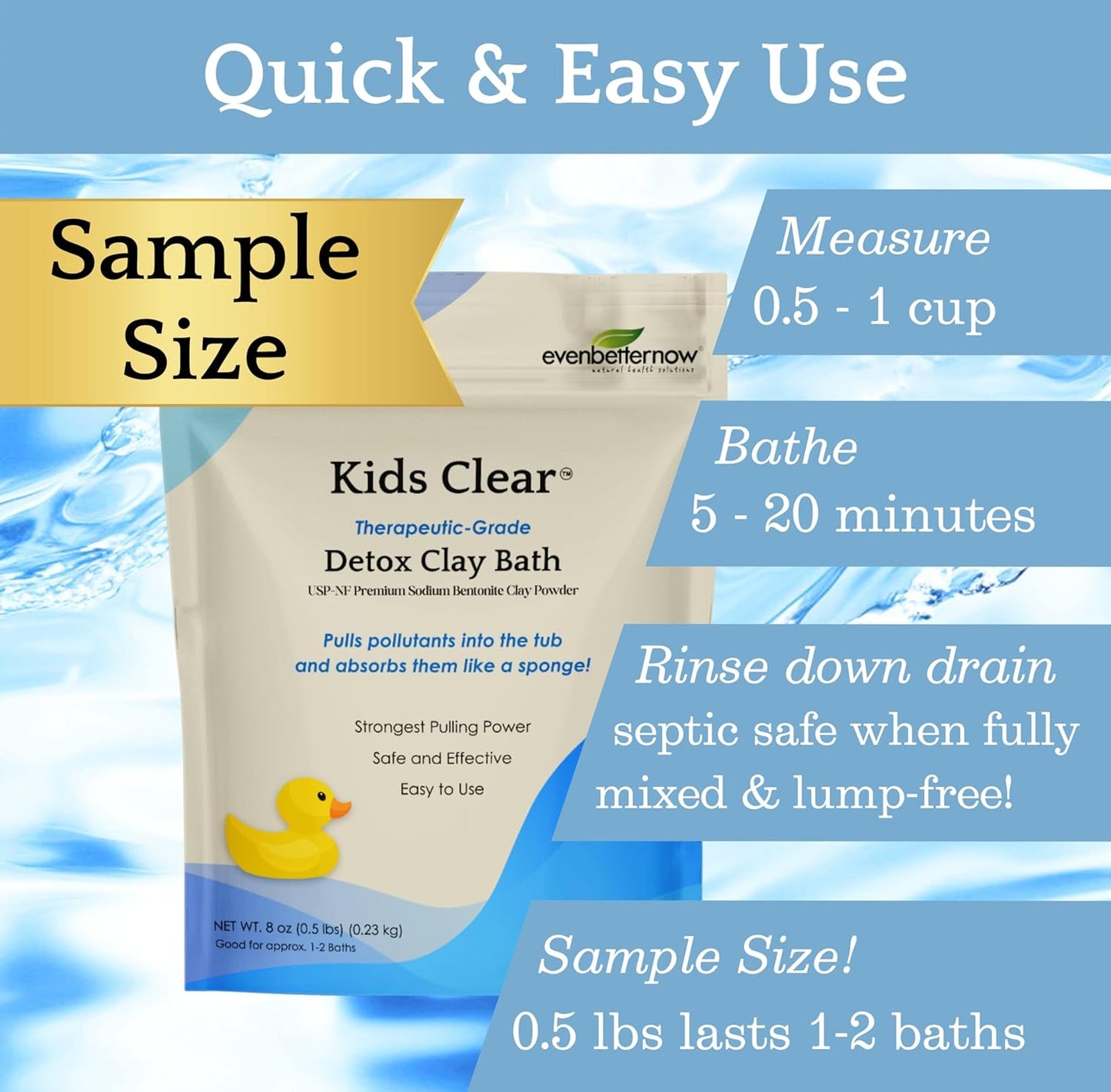 Kids Clear Detox Clay Bath, 100% Pure Sodium Bentonite - Cleansing and Purifying, by -Evenbetternow LLC – 0.5 lb (8 oz) Sample/Trial Size