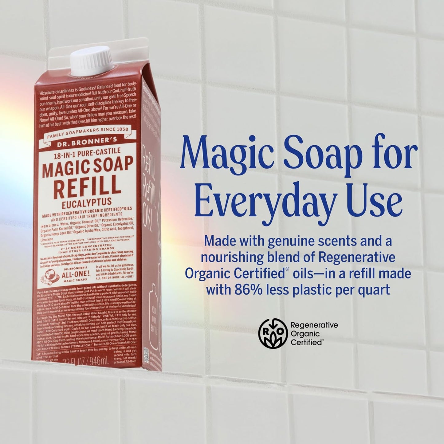 Dr. Bronner's Magic Soap-Pure-Castile Liquid Refill (Eucalyptus, 32 ounce, 1-Pack) - Regenerative Organic Certified Oils, For Body, Hair, Laundry, Pets & Dishes, Concentrated, Vegan, Non-GMO