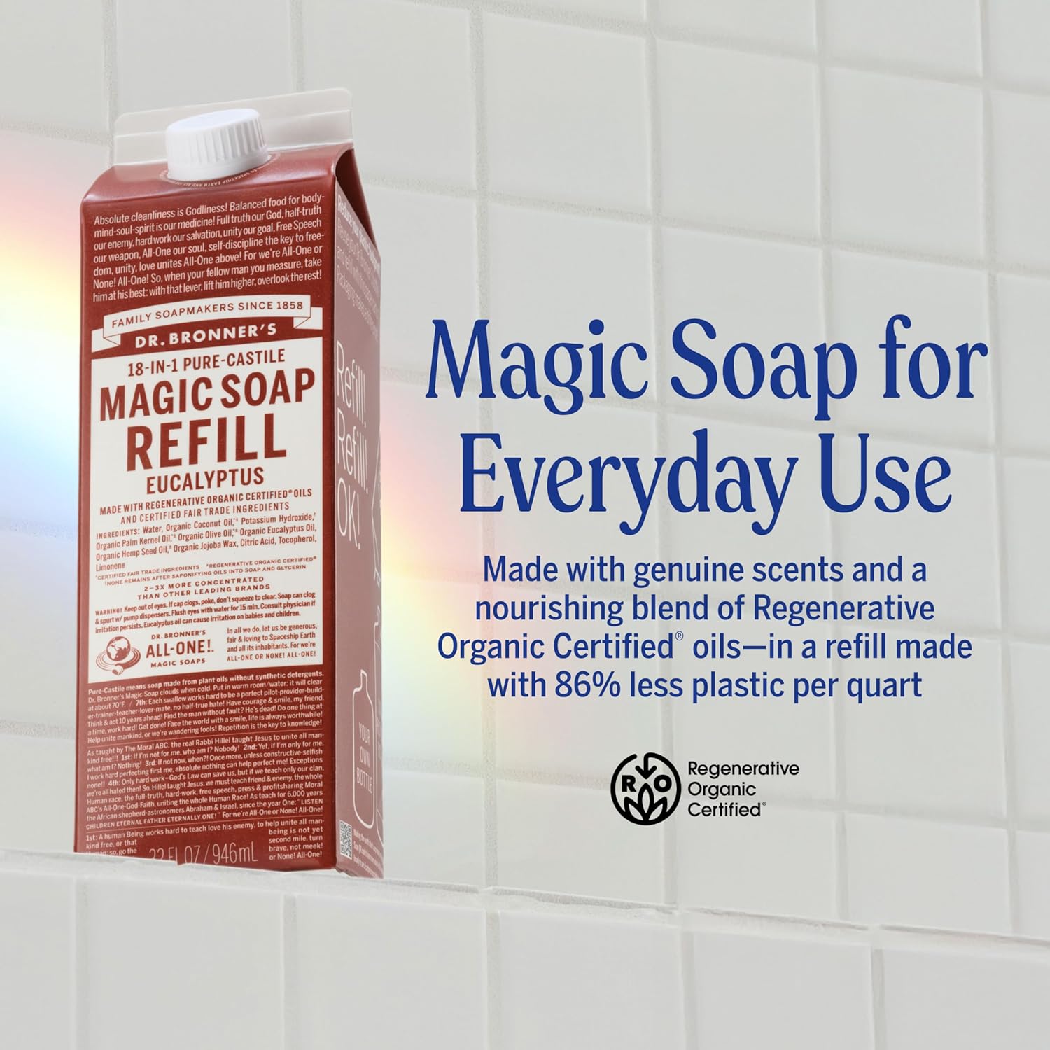 Dr. Bronner's Magic Soap-Pure-Castile Liquid Refill (Eucalyptus, 32 ounce, 1-Pack) - Regenerative Organic Certified Oils, For Body, Hair, Laundry, Pets & Dishes, Concentrated, Vegan, Non-GMO