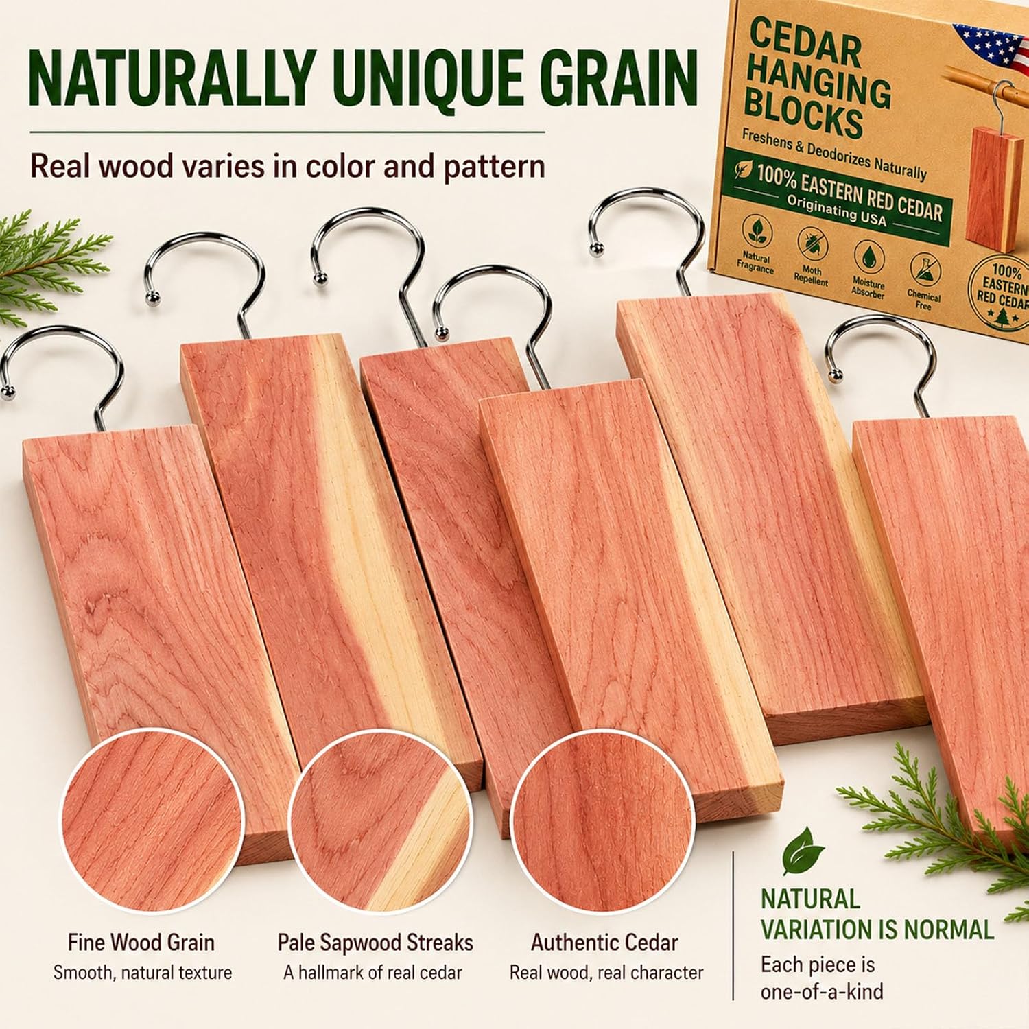 30 Pack Hanging Cedar Blocks for Clothes Storage, 100% Natural Eastern Red Cedar Planks with Metal Hooks, Sandable Cedar Closet Fresheners for Wardrobe, Drawers, Garment Bags & Storage Bins