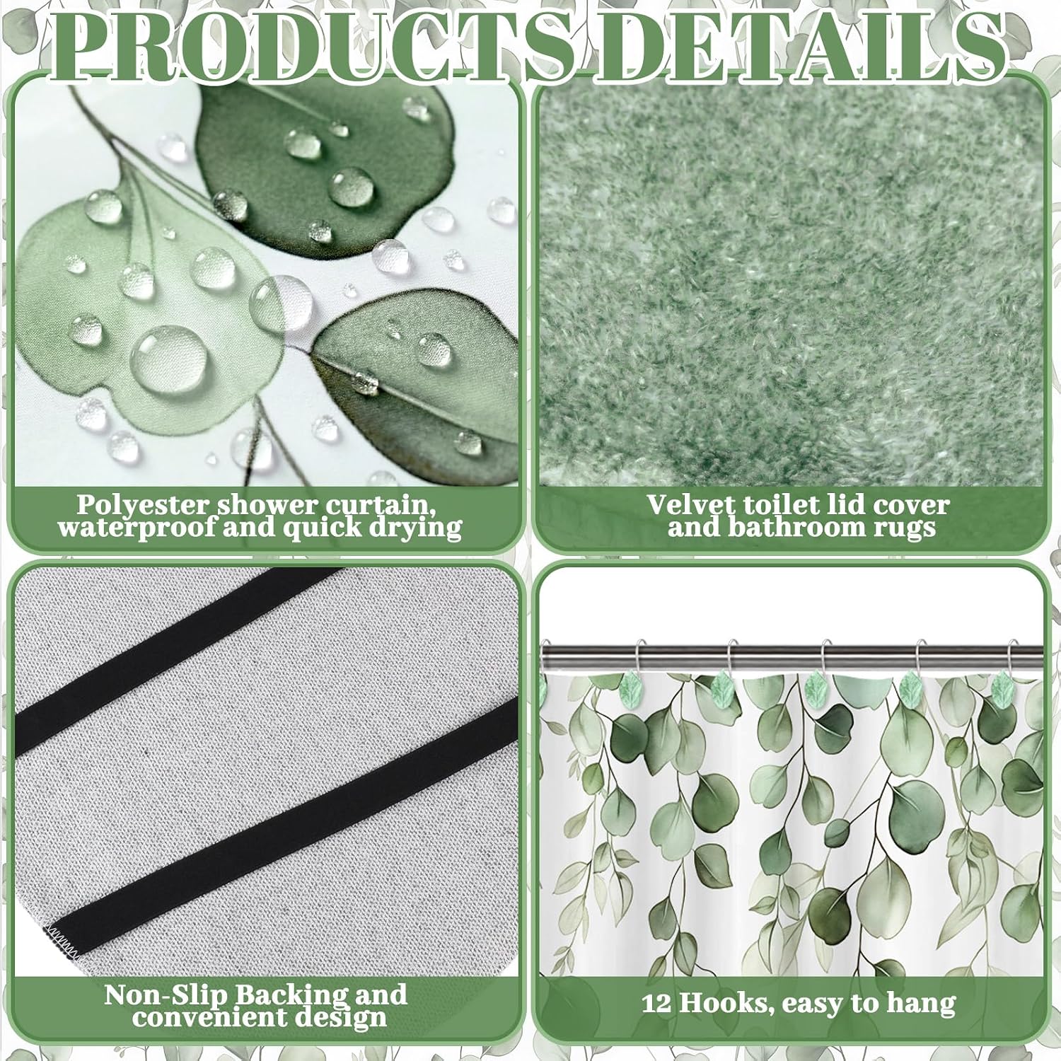 Peryiter 21 Pcs Sage Green Bathroom Set Eucalyptus Leaves Shower Curtain with 12 Leaf Hooks, 4 Sage Green Bath Towels 2 Non-Slip Rugs U-Shaped Toilet Mat & Cover Eucalyptus Decor for Bathroom