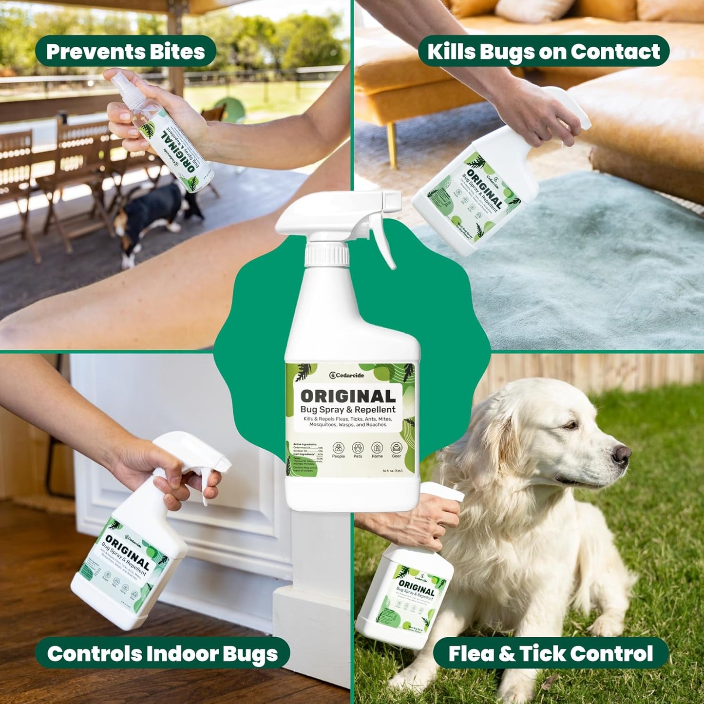 Cedarcide Original Bug Spray | Repel & Kill Fleas, Ticks, Mosquitoes, Mites, Ants & Chiggers | for use on People, Pets & Home | Natural Cedar Oil | Eco-Friendly | Quart
