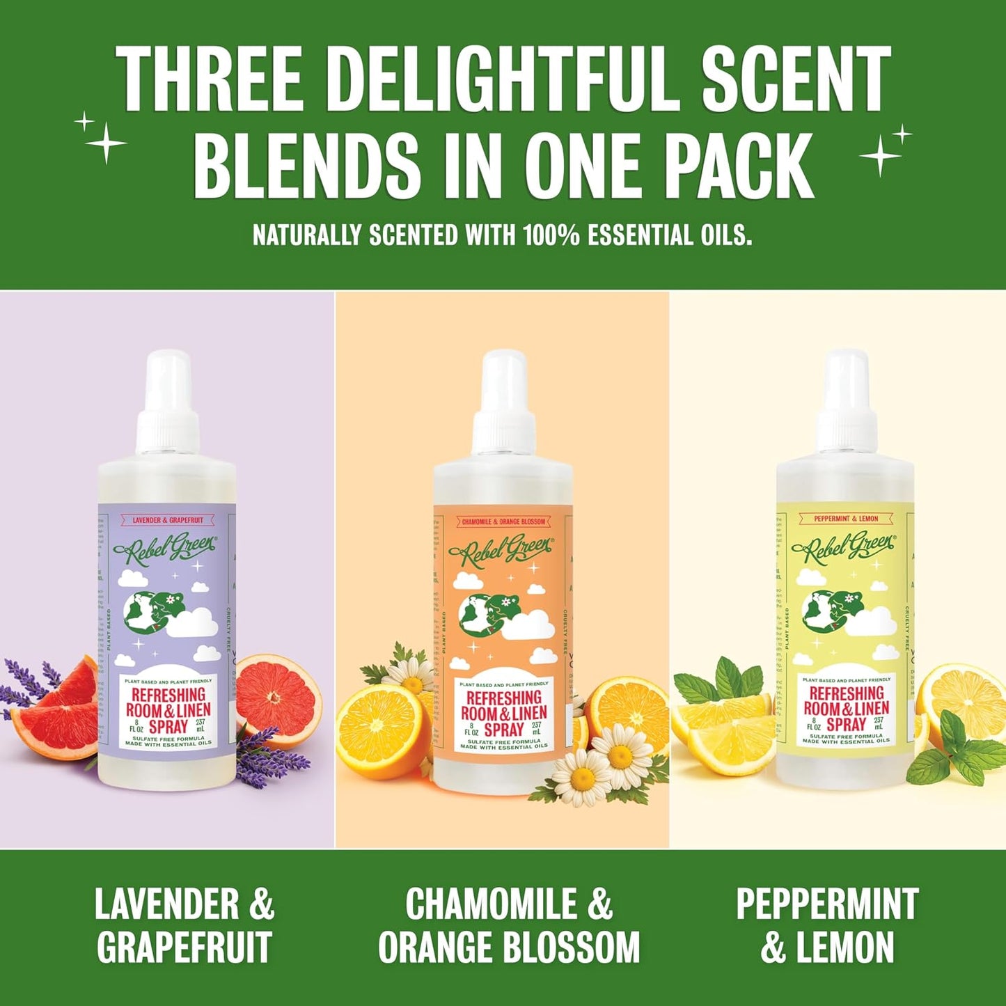 Rebel Green Refreshing Room & Linen Spray Variety Pack of 3 - Plant-Based Essential Oil Air Freshener - Lavender Grapefruit, Peppermint Lemon, Chamomile Orange Blossom - 8 oz