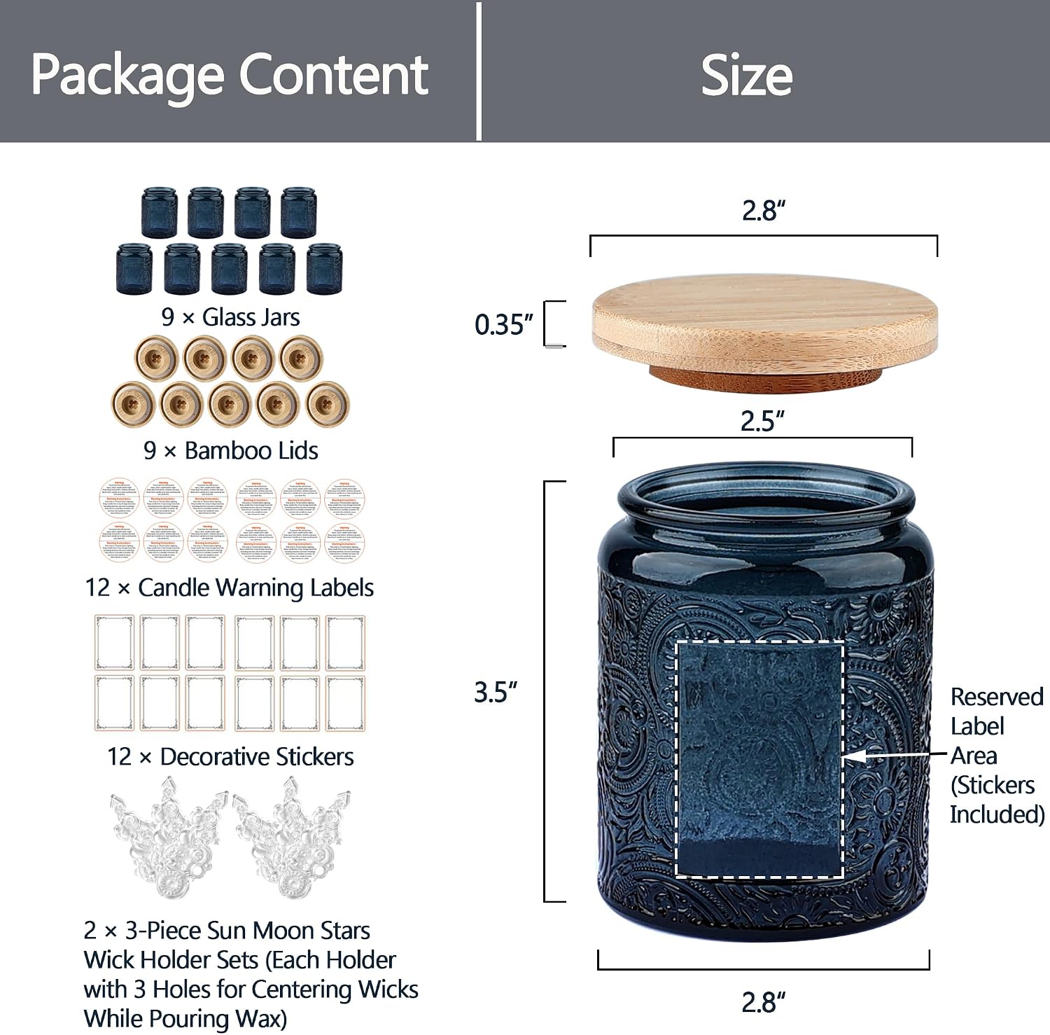 8 oz Gray Sun Moon Stars Candle Jars with Bamboo Lids, 9 Pack | Patented Embossed Design, Includes Wick Centering Devices & Warning Labels, Multiple Color Options
