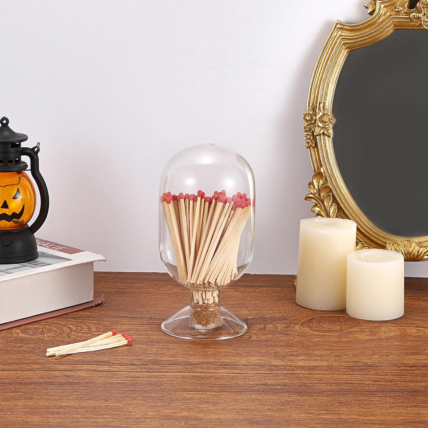 OwnMy 4 Inch Glass Match Cloche Decorative Glass Match Holder Jar with Cork Stopper, Clear Glass Matches Box Matchstick Holder Organizer for Home Bathroom Fireplace Candle Use (NOT Includes Matches)