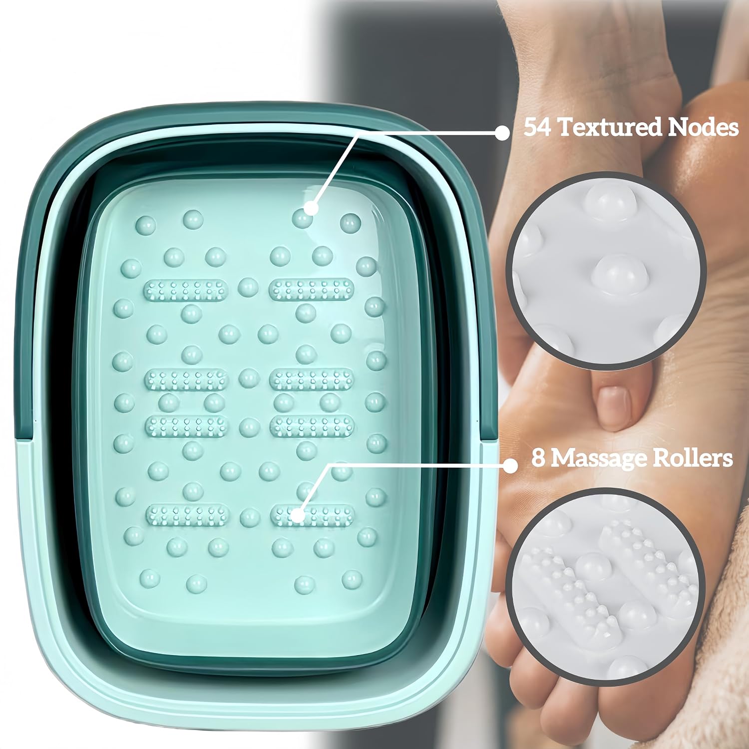 GIMWA Collapsible Foot Bath Basin for Soaking Feet, Foldable Foot Soak Tub with Handles and Massage Acupoint, Plastic Laundry Basket, Grey (Green)