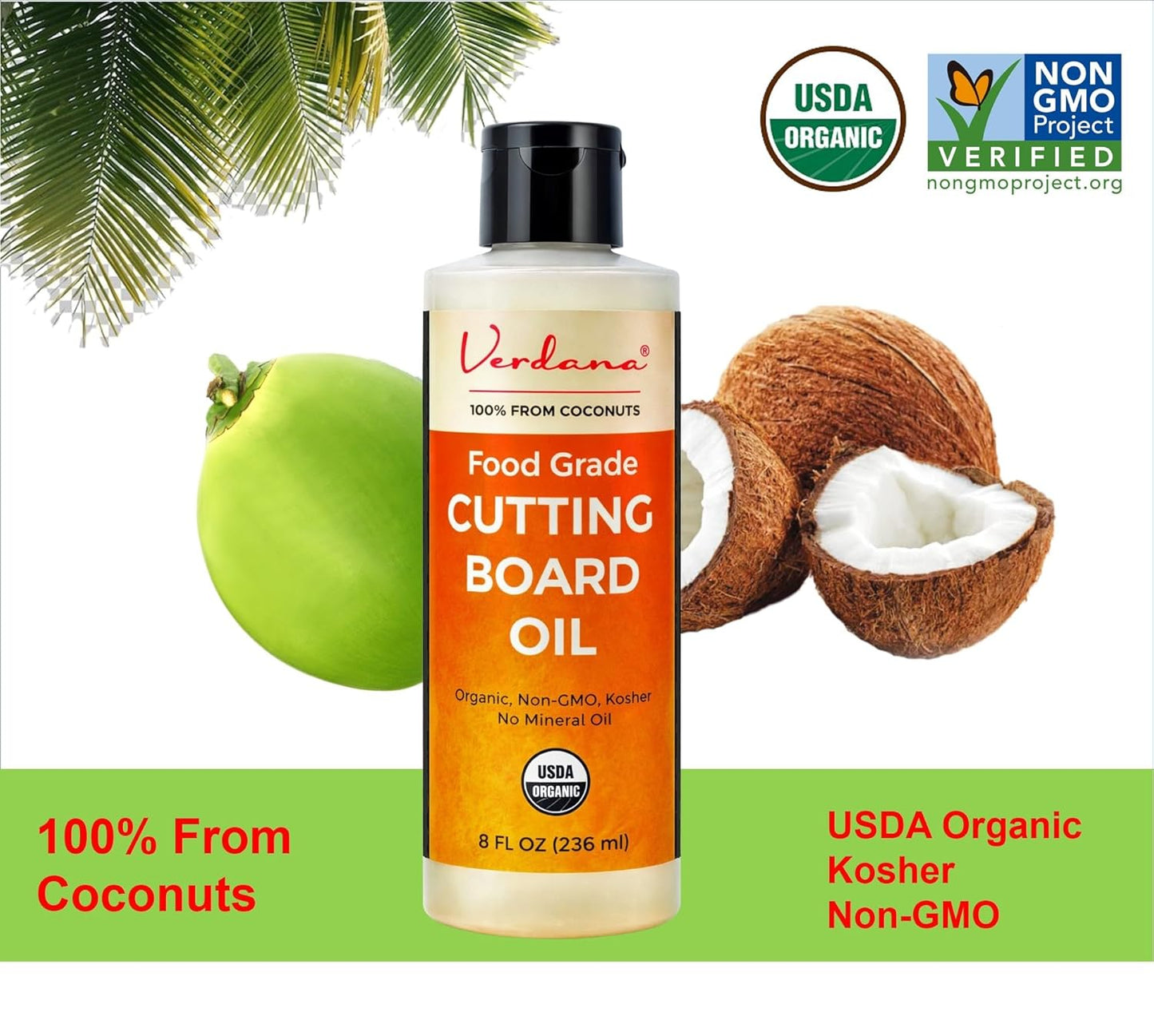 Verdana Food Grade Cutting Board Oil – Organic Coconut-Derived, Food Safe Mineral Oil Alternative for Butcher Block, Bamboo & Wooden Utensils – Kosher, Non-GMO, 8 fl oz
